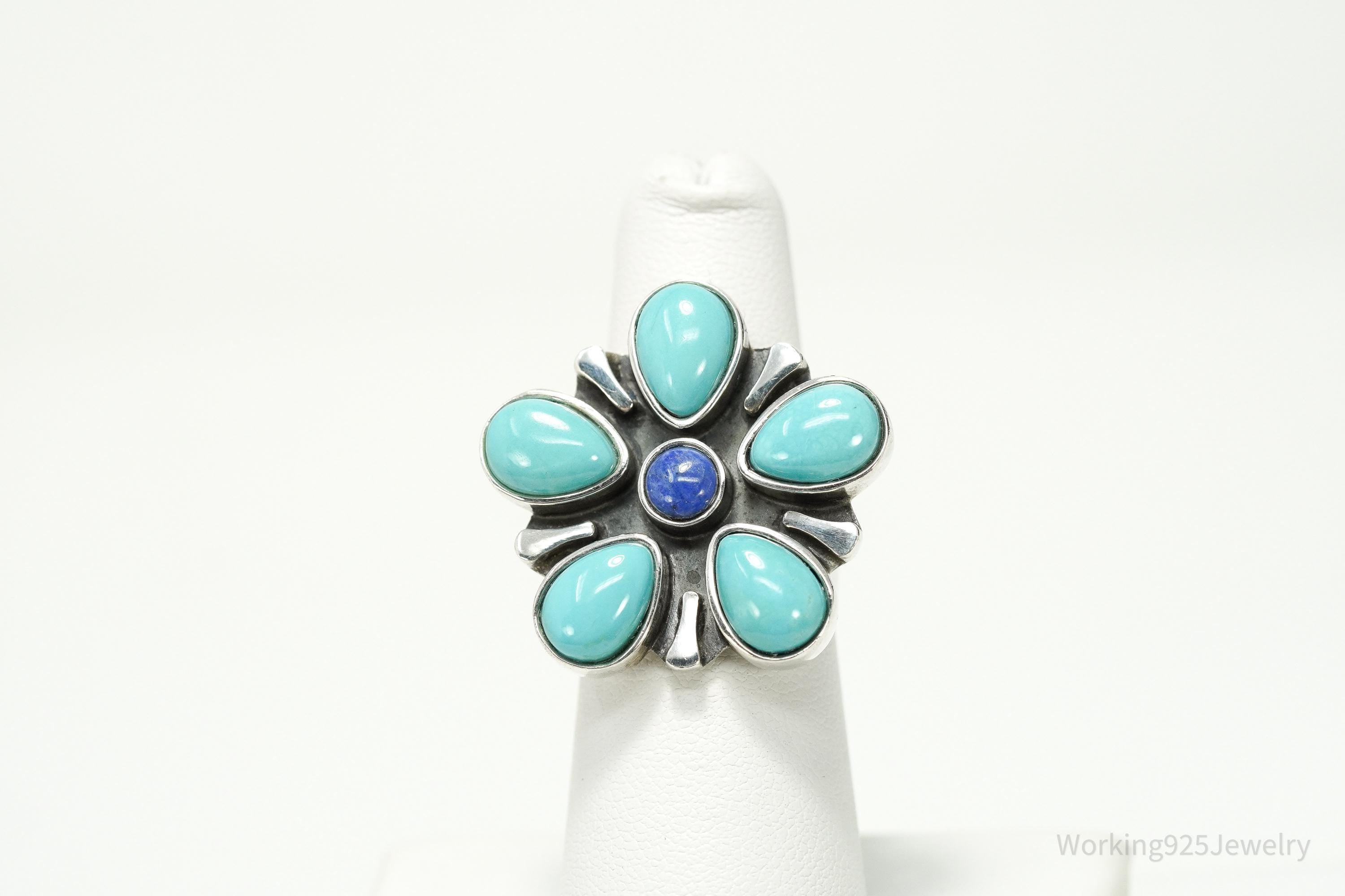 Vintage Desert Rose Turquoise & Lapis Lazuli Flower Sterling Silver Ring Size 6