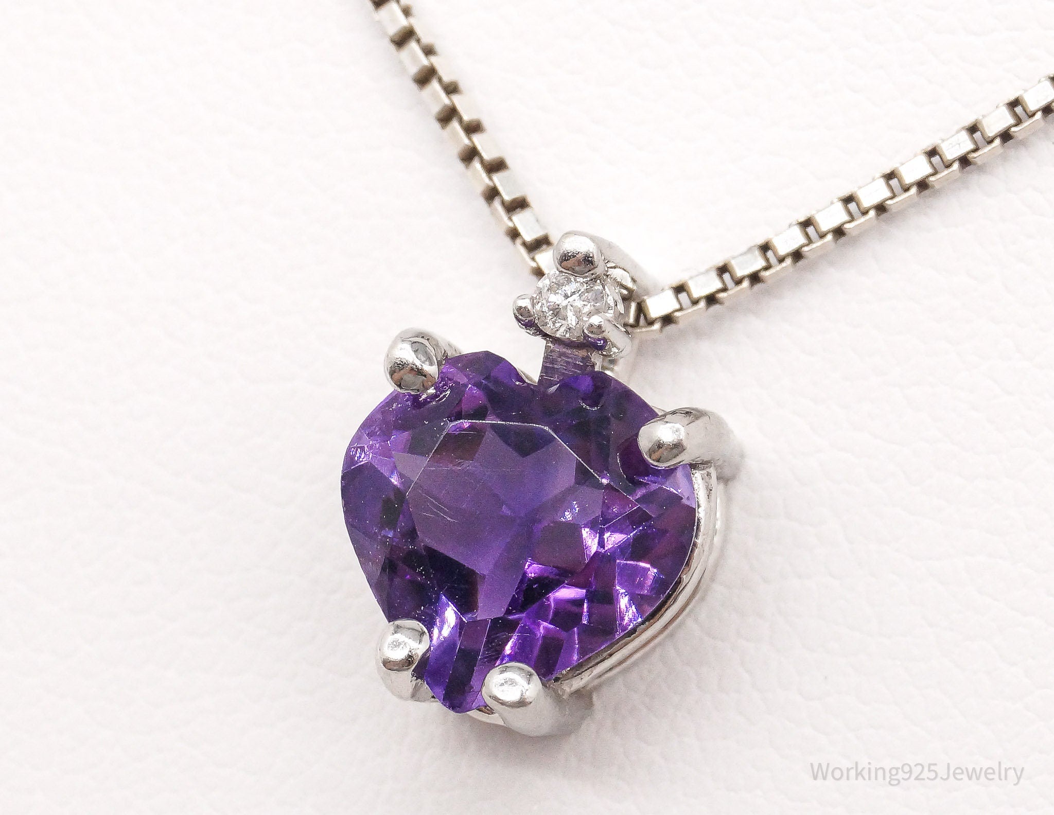 Vintage Amethyst Diamond Sterling Silver Heart Necklace 18"