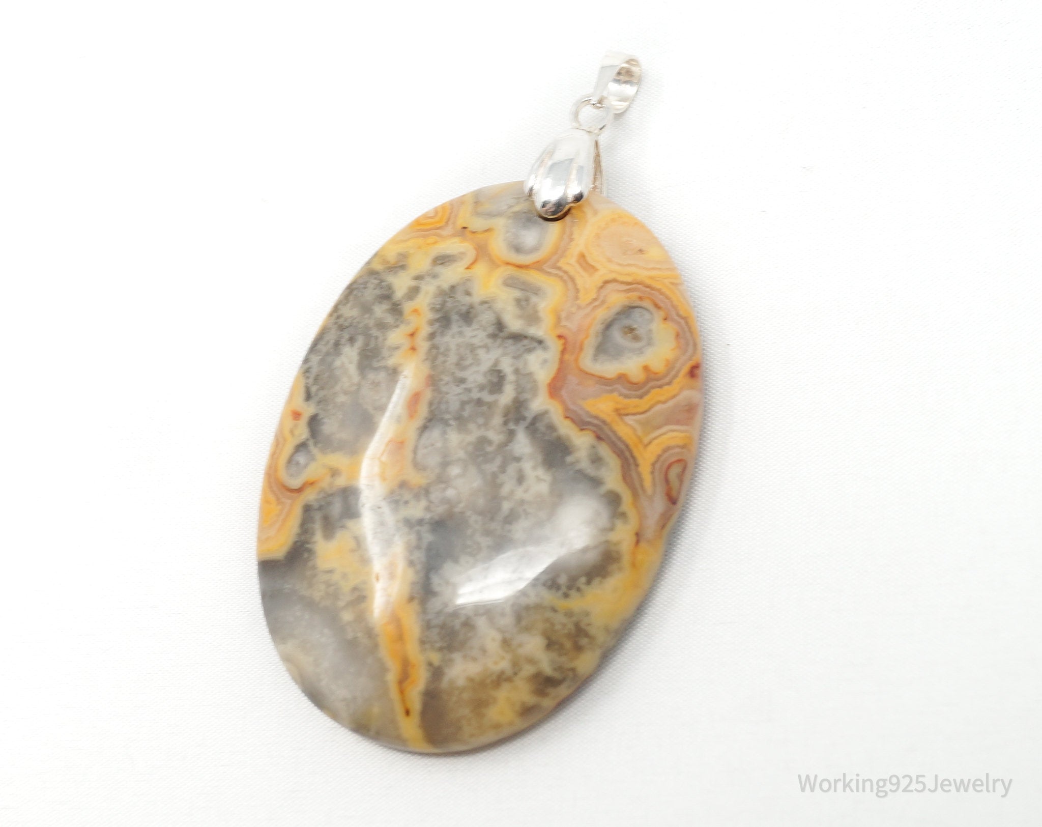 Vintage Large Orange Lace Agate Sterling Silver Necklace Pendant