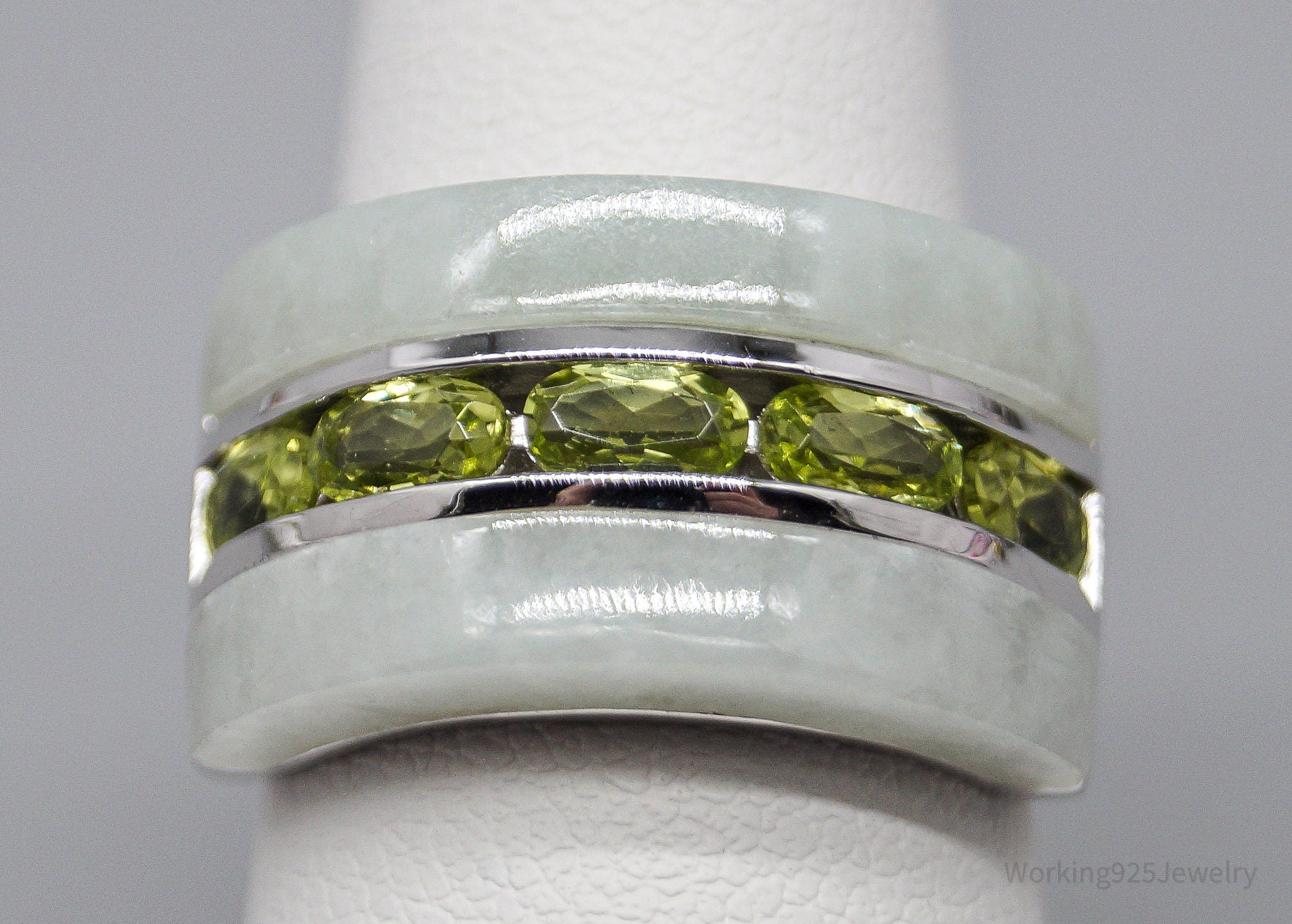 Green Jade & Peridot Sterling Silver Ring - Size 6.75