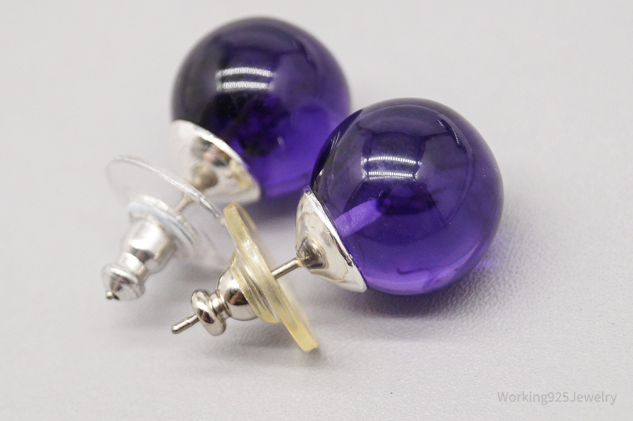 Vintage Large Mid Century Purple Plastic Orbs Silver Earrings