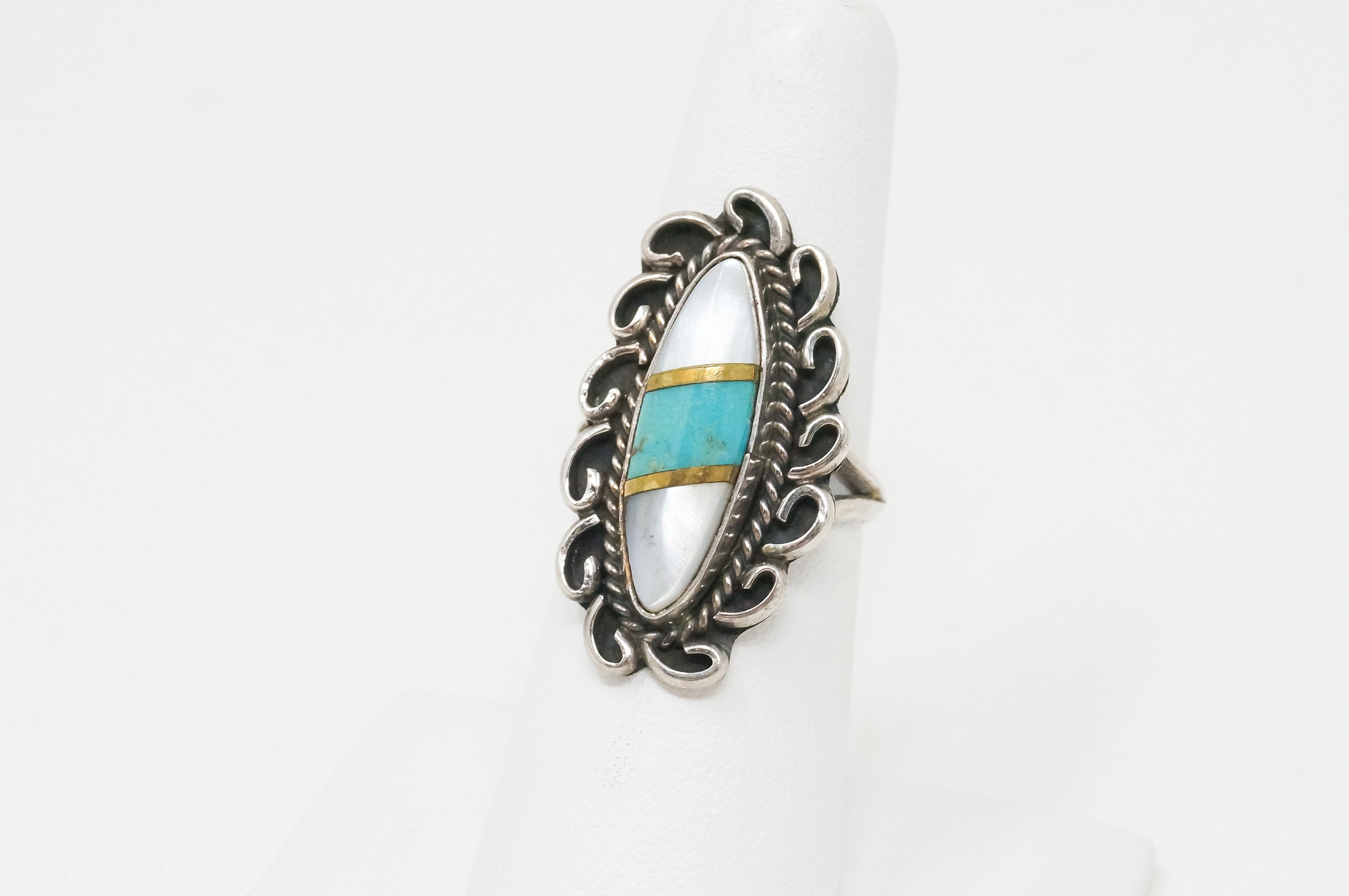 Vintage Native America James Harrison MOP Turquoise Sterling Ring Sz 6