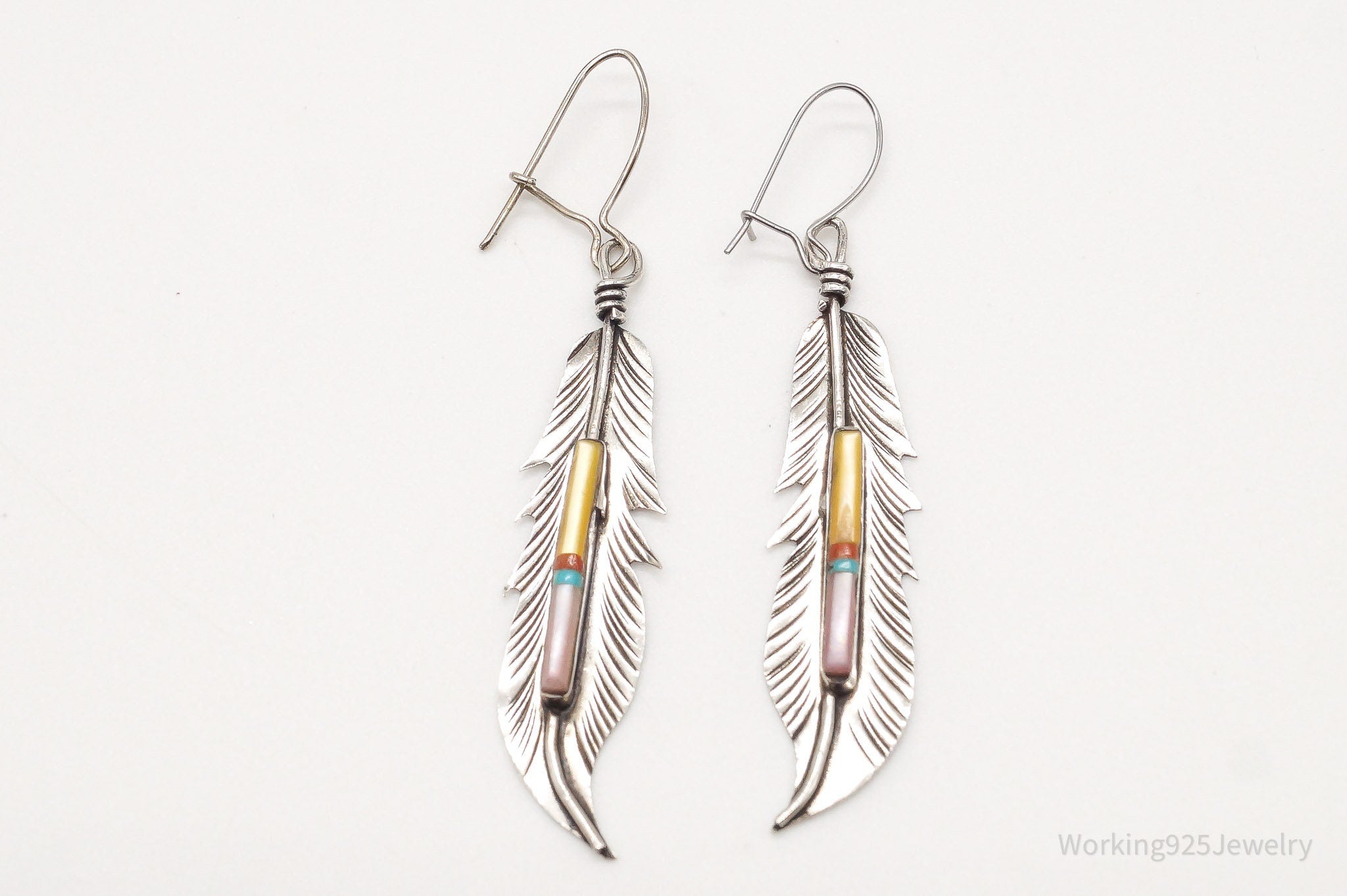 Vintage Native American Multi Gemstone Silver Feather Earrings