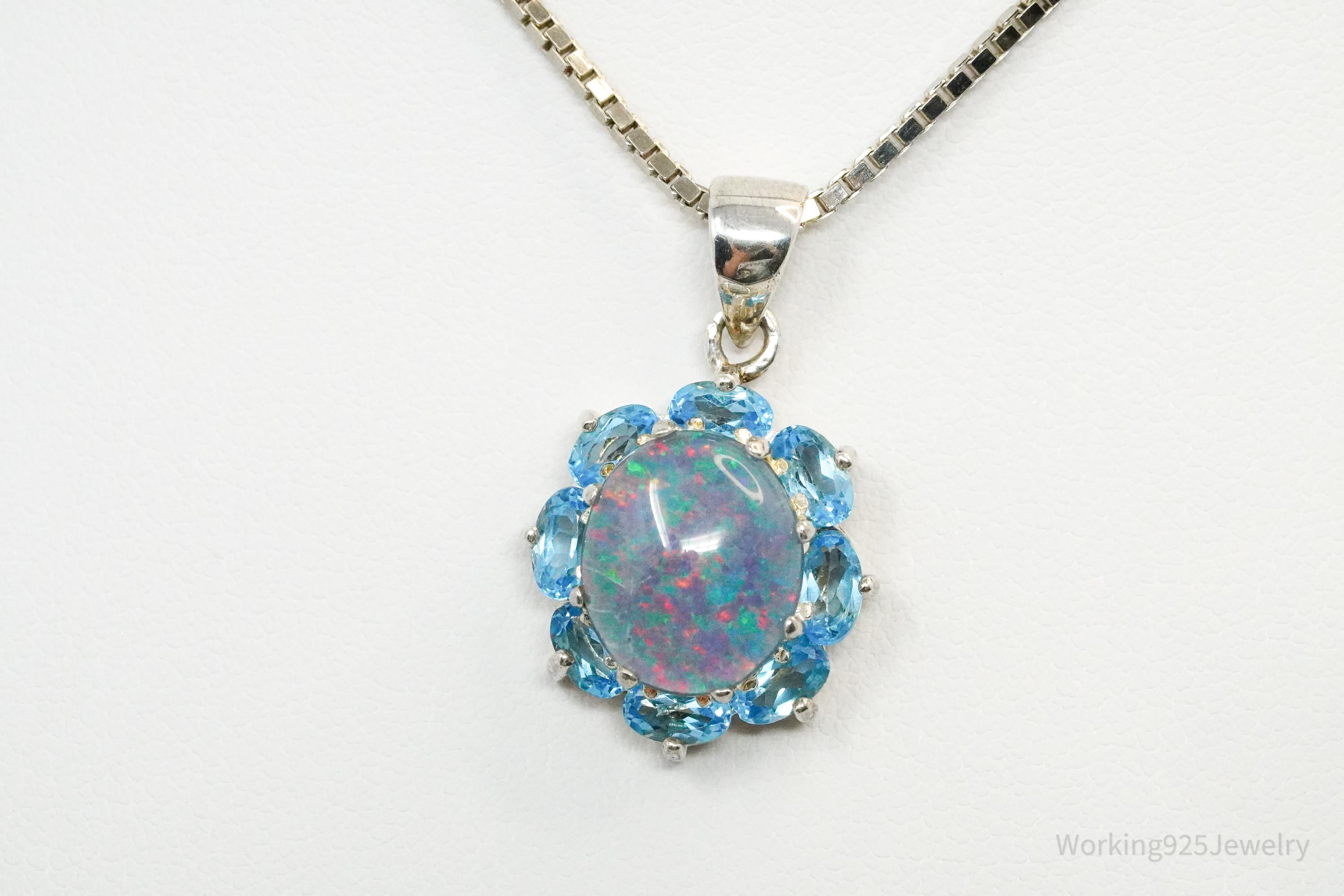 Vintage Opal & Blue Topaz Flower Sterling Silver Necklace 16"