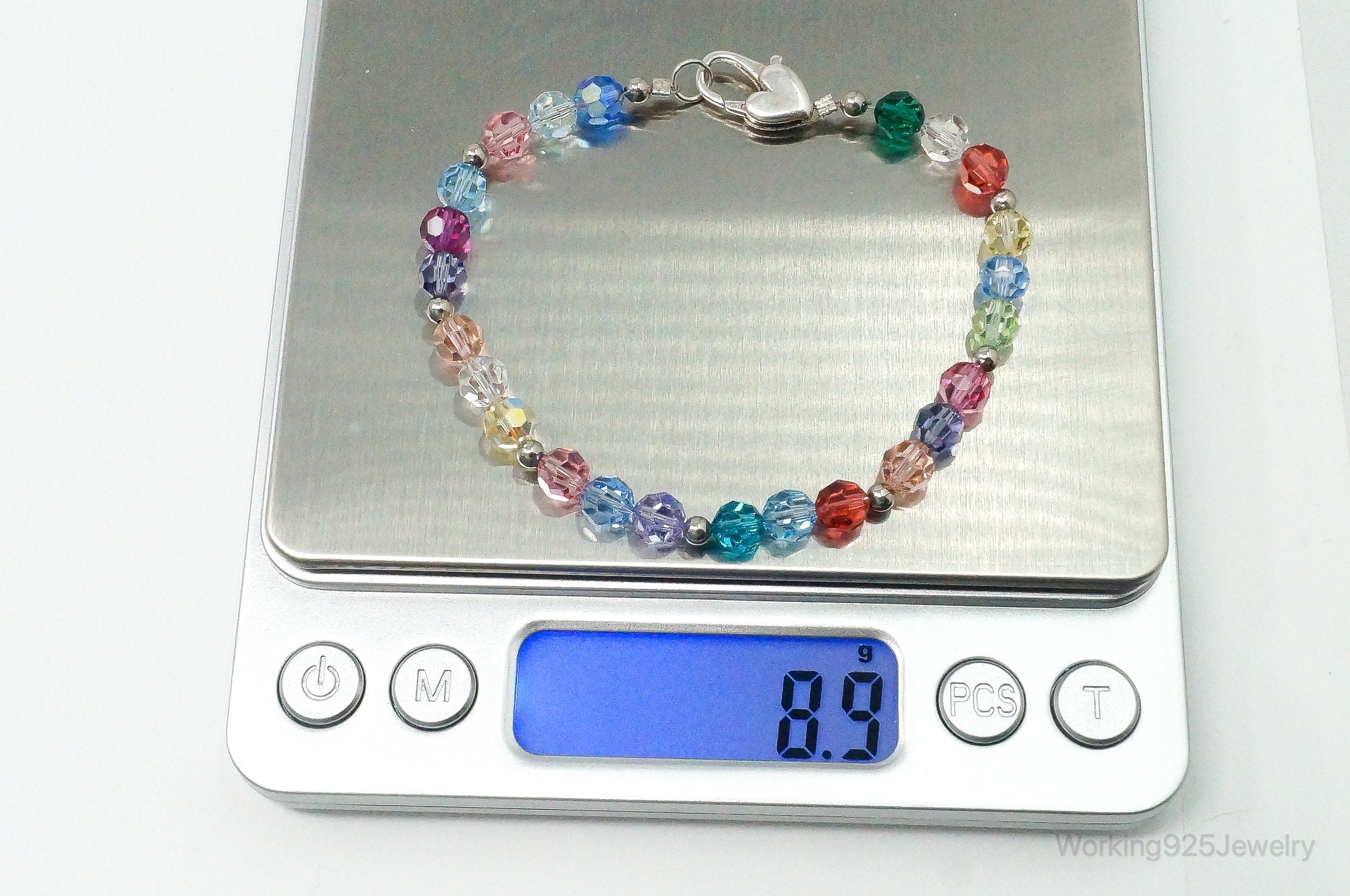 Vintage Rainbow Bead Sterling Silver Heart Clasp Bracelet