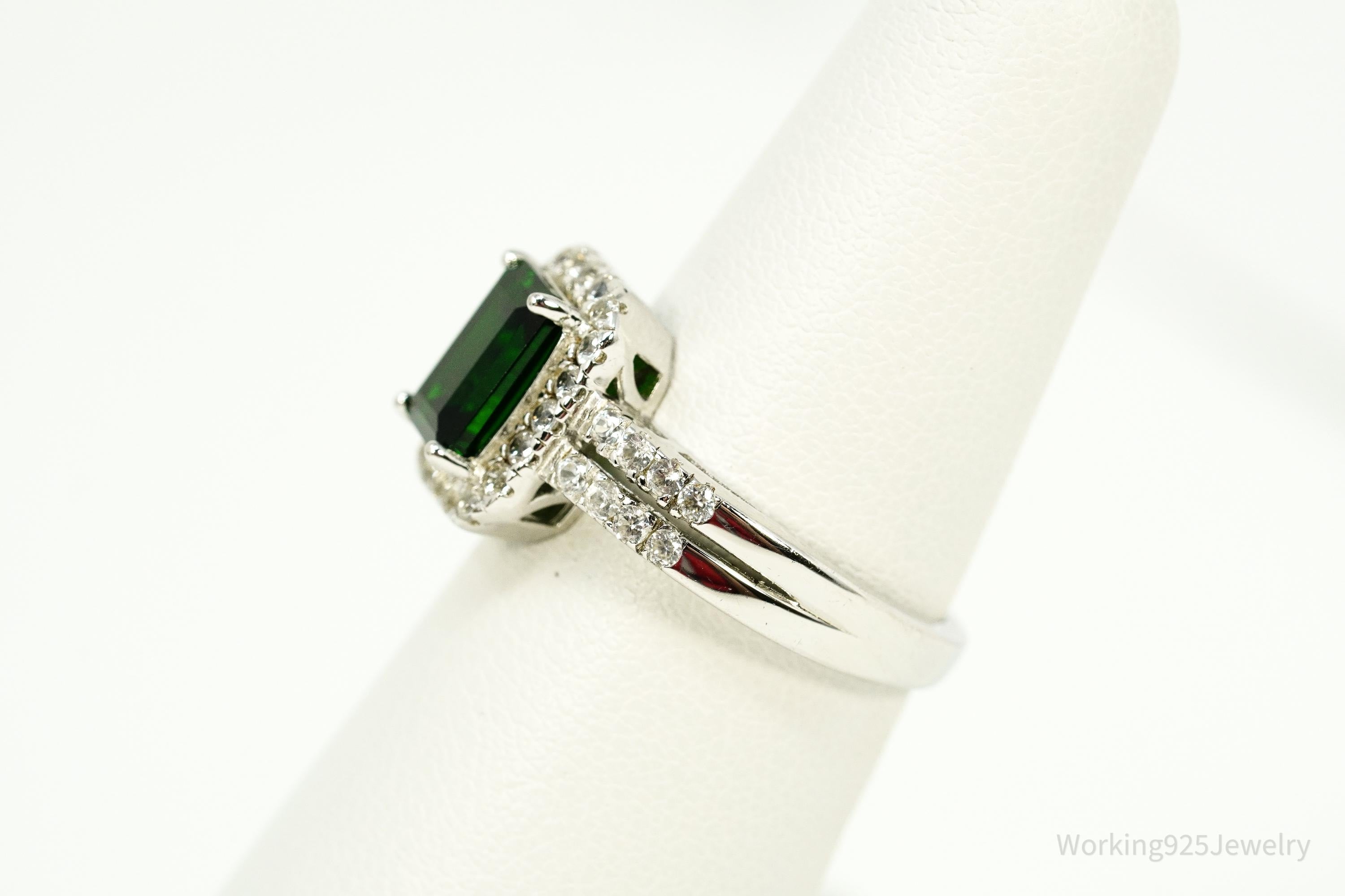 Vintage Emerald & White Topaz Sterling Silver Ring - Size 6