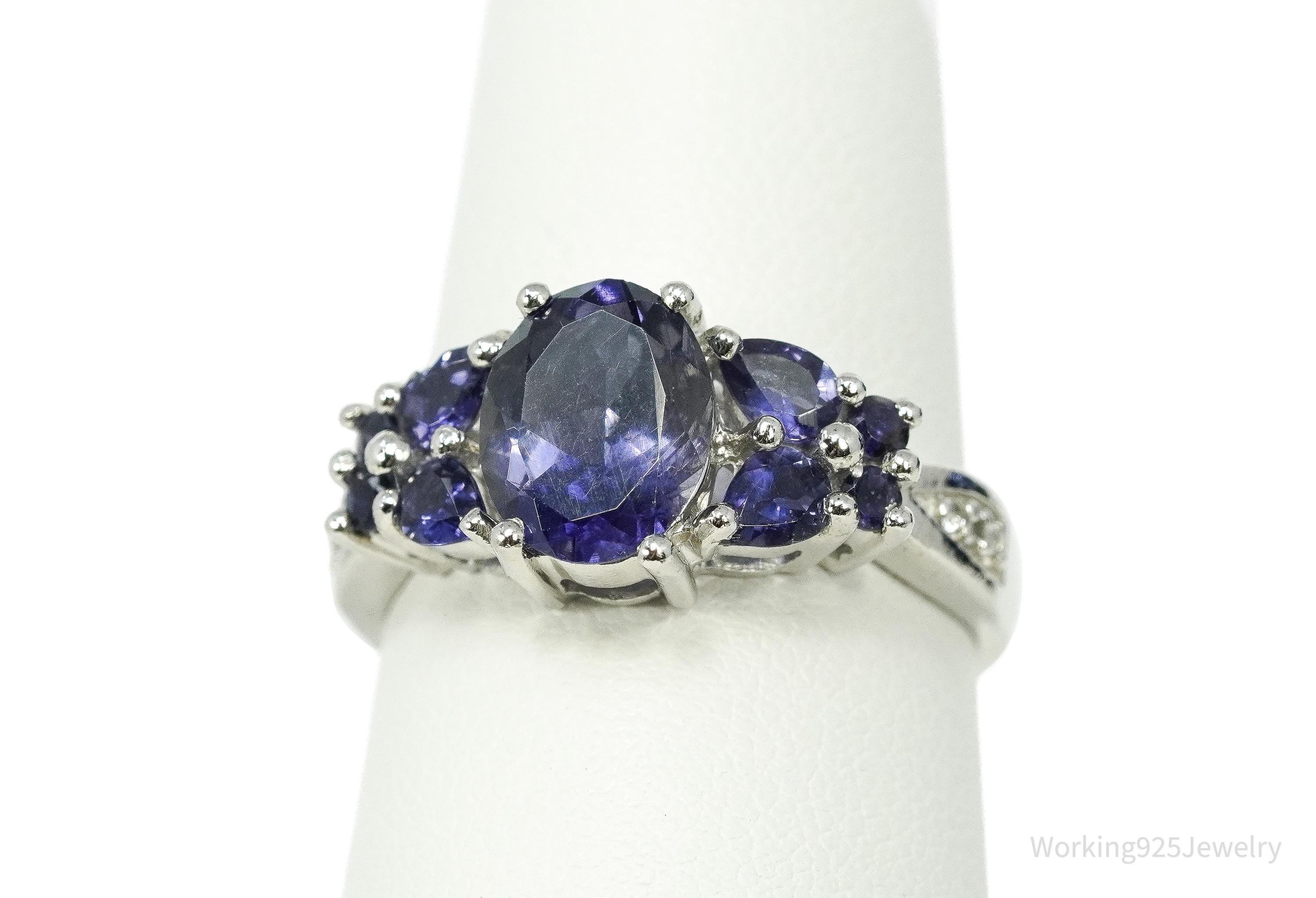 Iolite & White Zircon Rhodium Over Sterling Silver Ring - Size 7.75