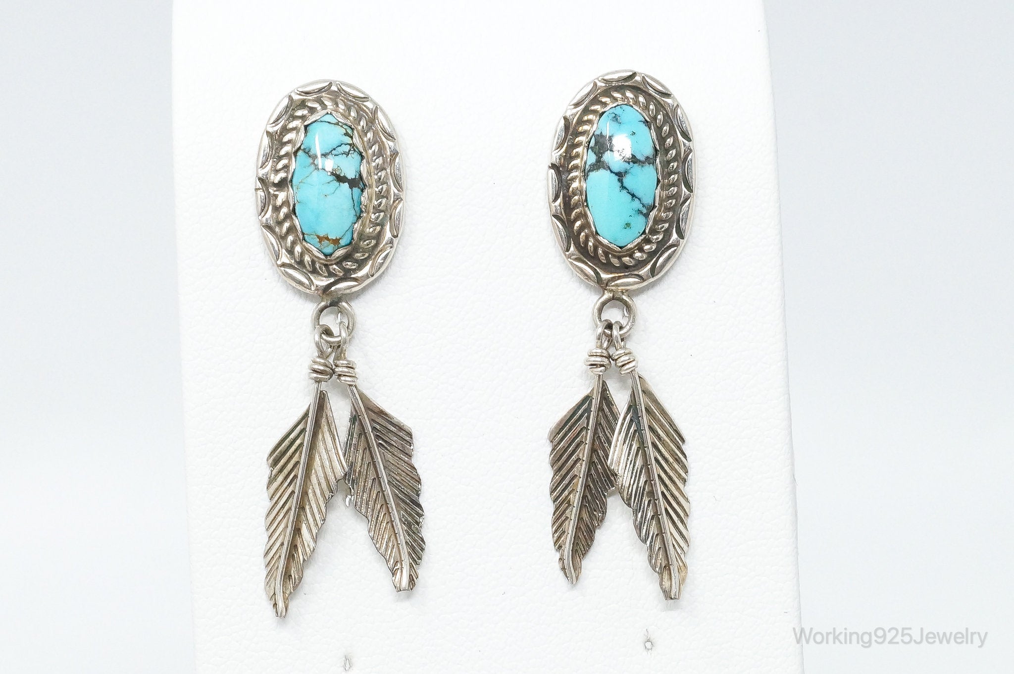 Vintage Native American Designer SY Turquoise Sterling Silver Earrings