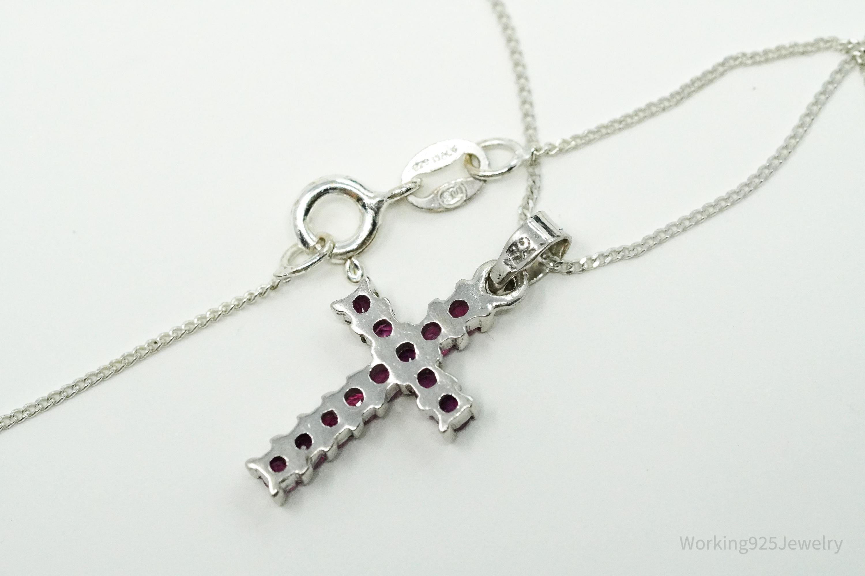 Vintage Ruby Cross Sterling Silver Necklace 16"