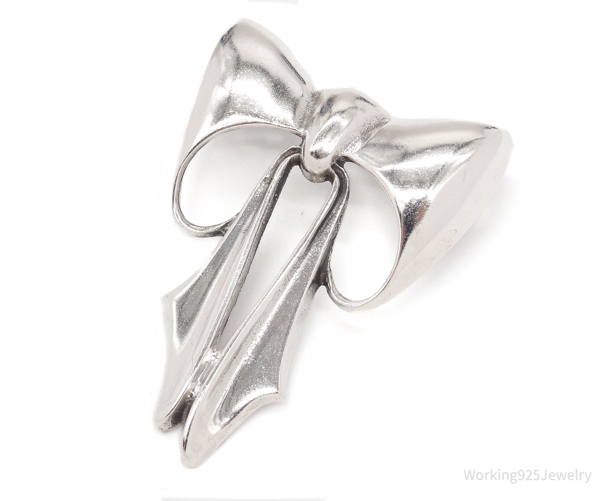 Large Vintage Sterling Silver Ribbon Bow Pendant Brooch Pin