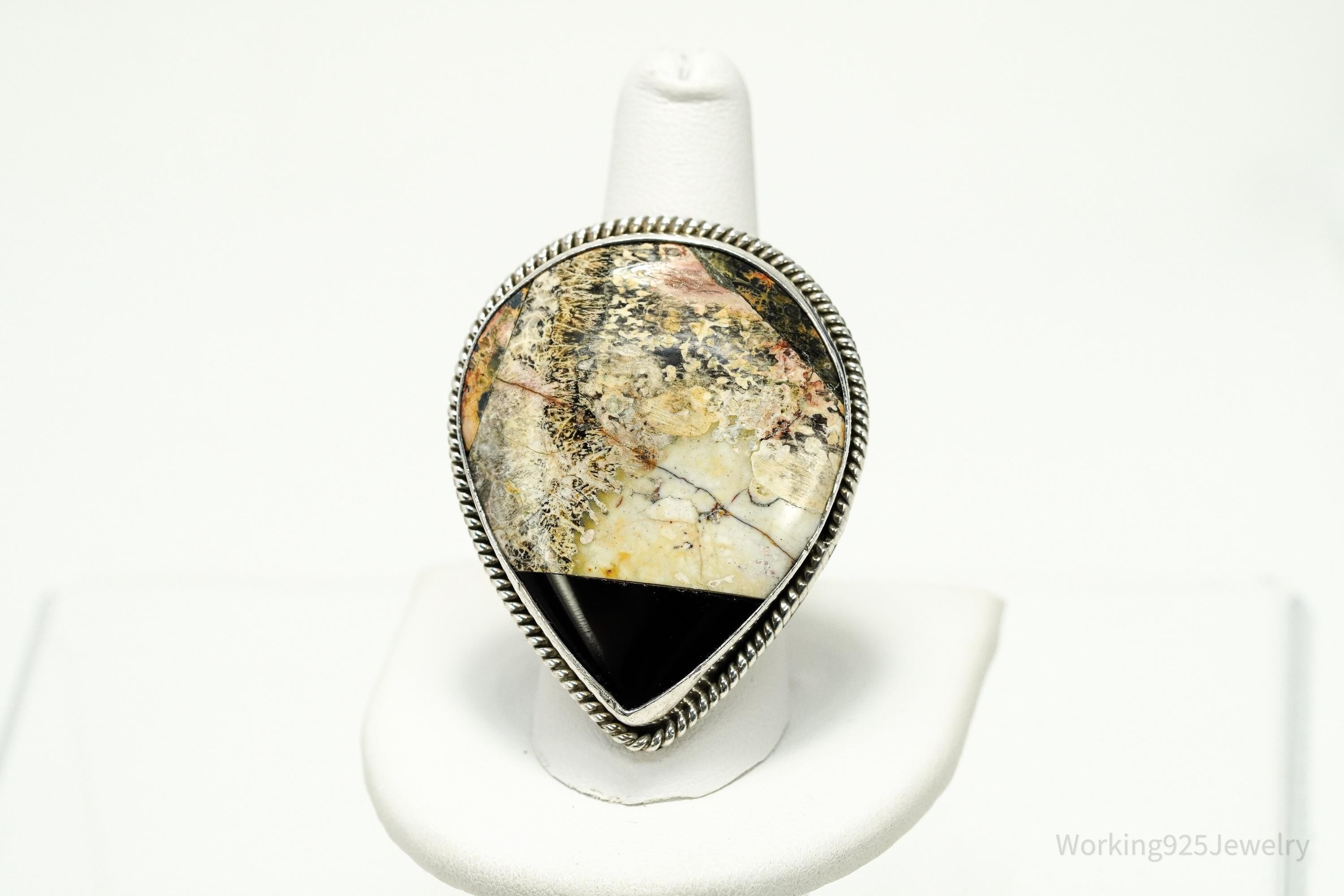 Vintage Mexico Modernist HOB Massive Agate & Black Onyx Inlay Sterling Silver Ring - Size 8