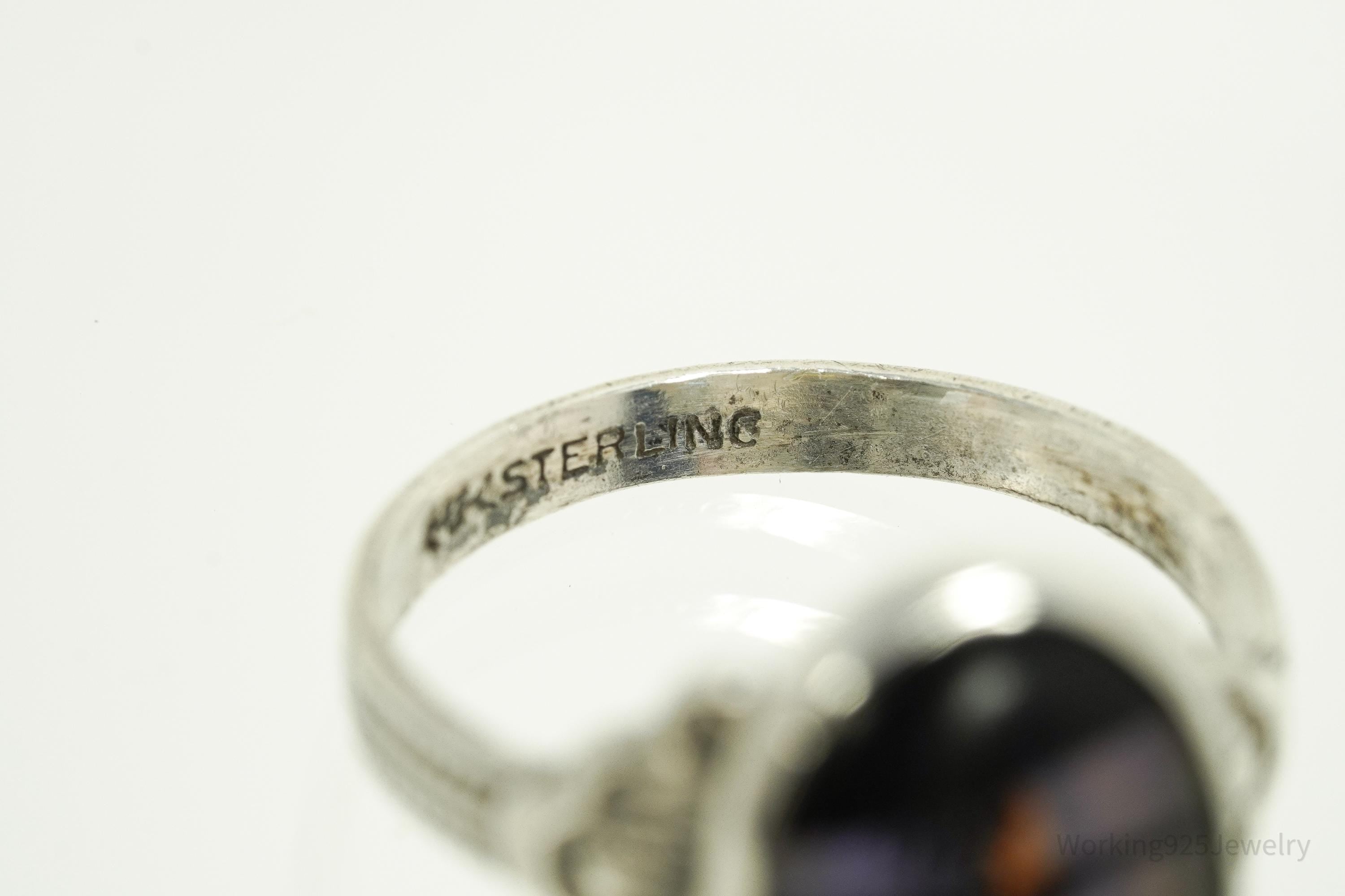 Antique Butterfly Wing Beach Scene Sterling Silver Ring - Size 6