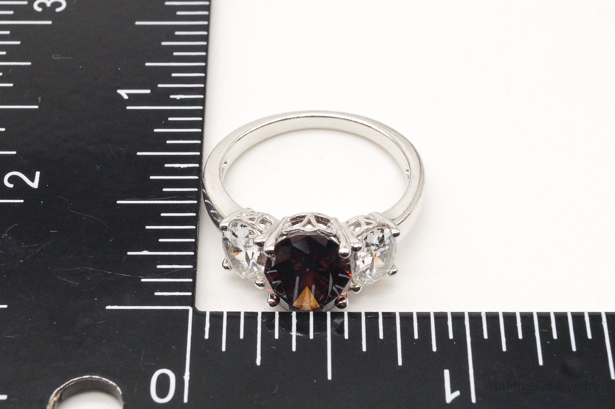 Vintage Brown & White Cubic Zirconia Platinum Clad Sterling Silver Ring - Size 8