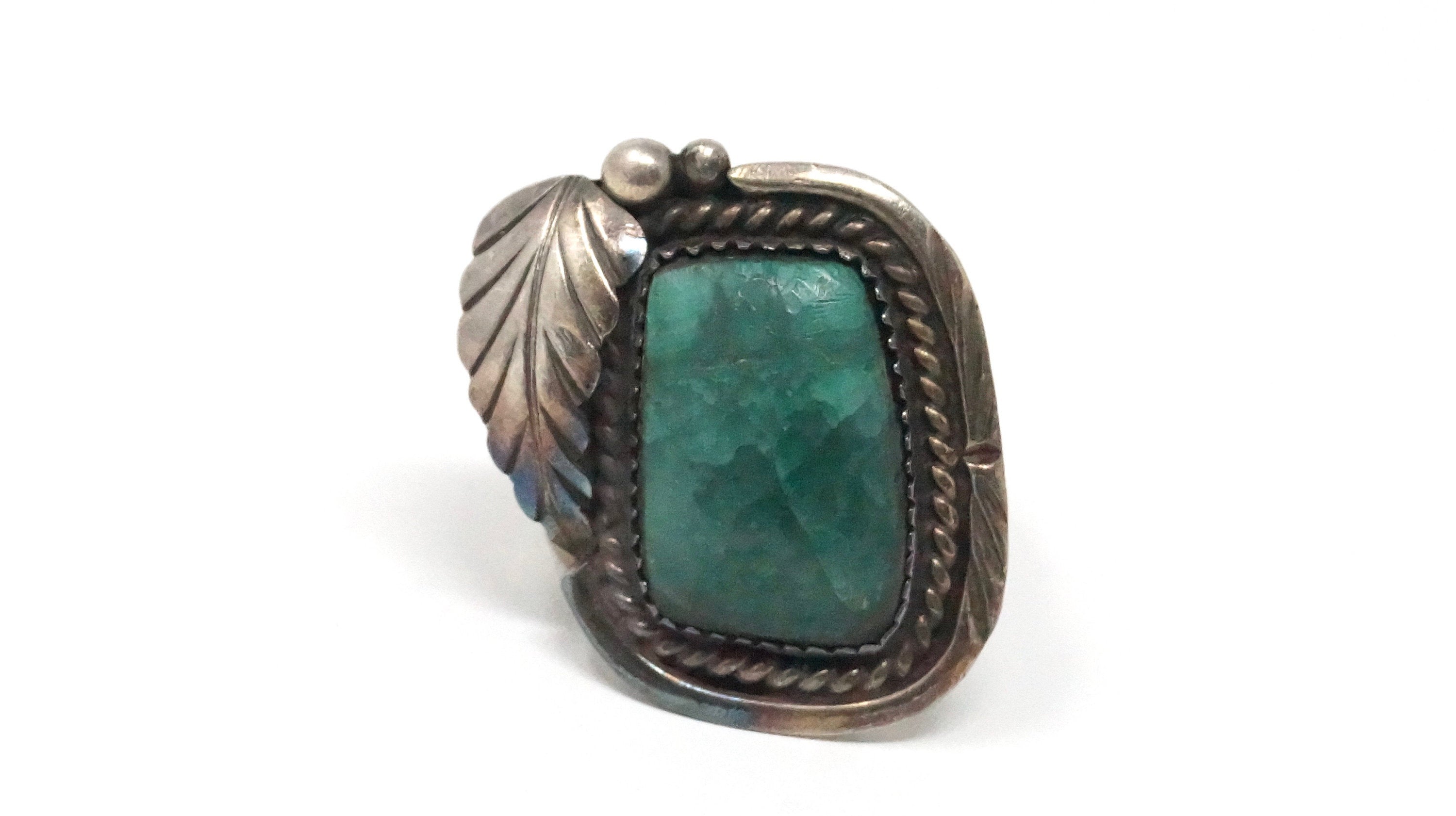 Vintage Large Green Turquoise Southwestern Handmade Sterling Silver Ring Sz 9.75