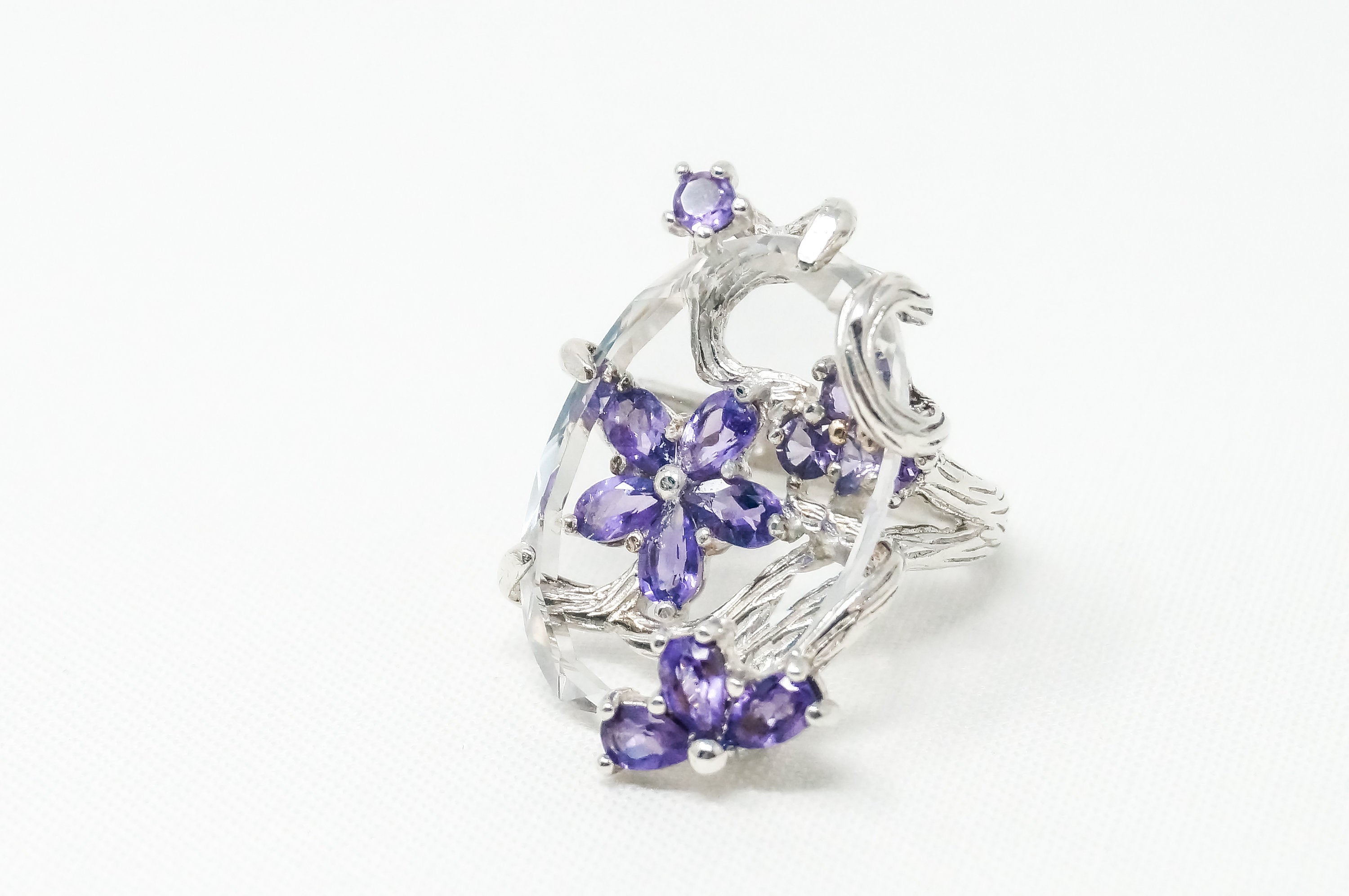 Vintage Large Glass Amethyst Flower Branch Floral Sterling Silver Ring - Sz 6