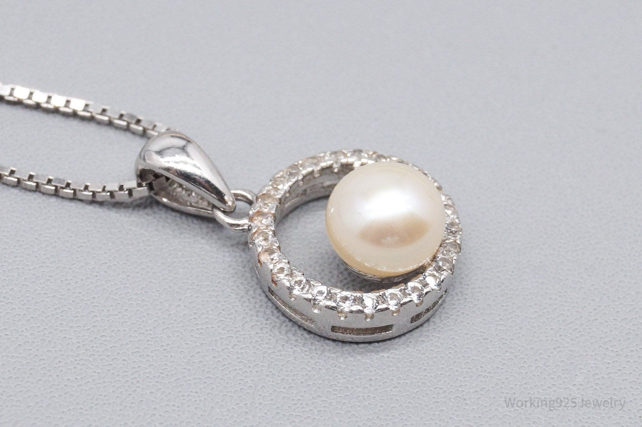 Vintage Pearl Cubic Zirconia Sterling Silver Necklace 18"