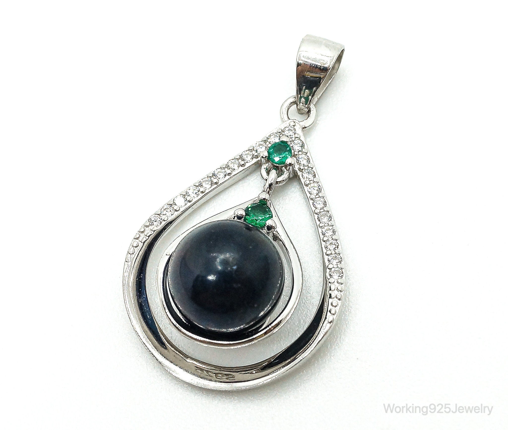 Vintage Tahitian Pearl Lab Emerald Cubic Zirconia Sterling Silver Pendant