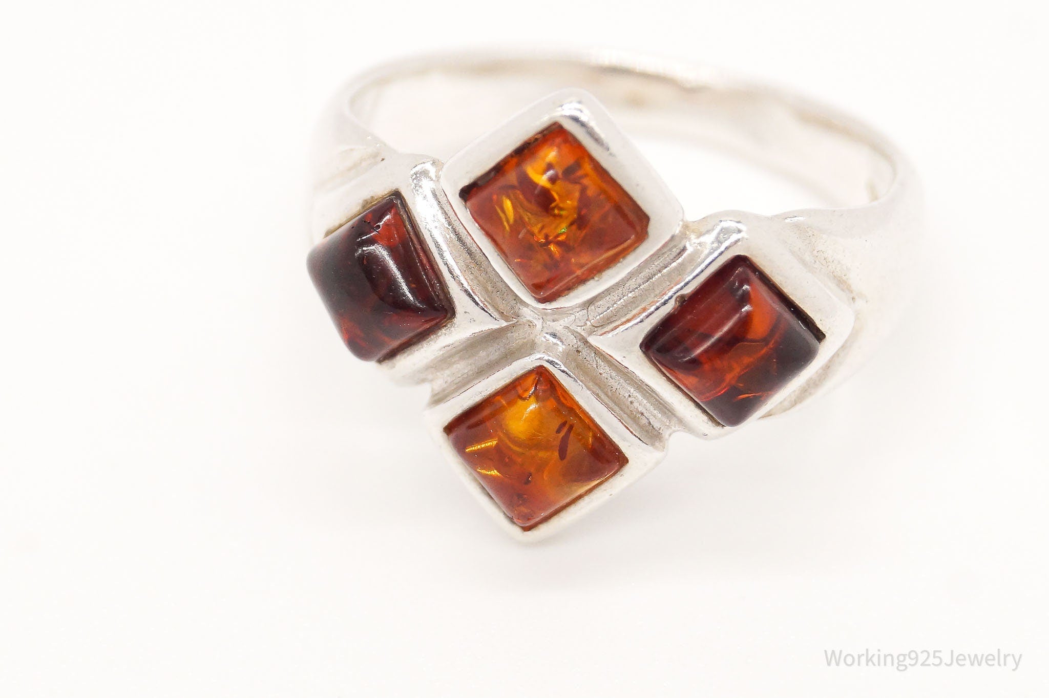 Vintage Modernist Amber Sterling Silver Ring - Size 6.5