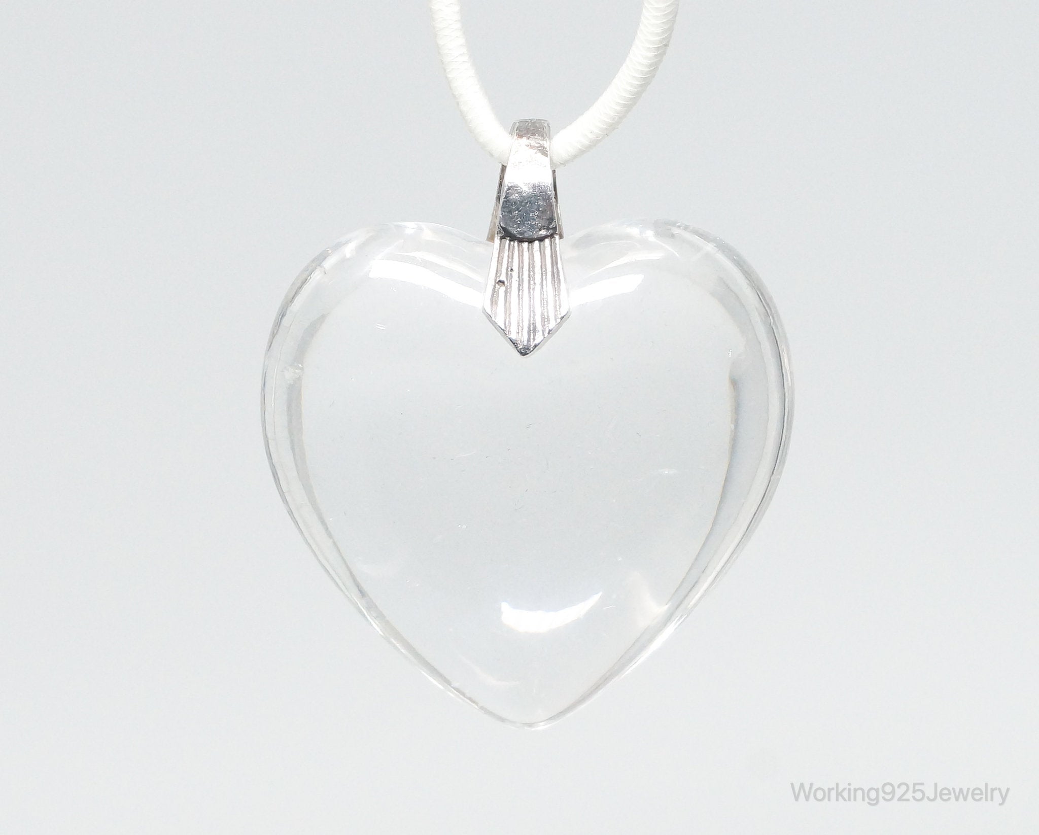 Vintage Large Glass Heart Sterling Silver Necklace Pendant