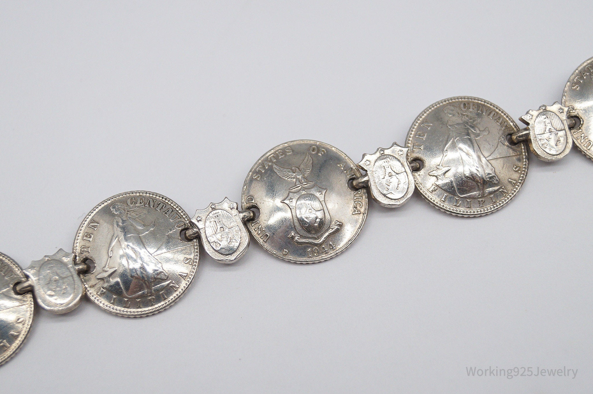 Vintage 1944 Philippines Centavos Silver Bracelet - 7 1/8"