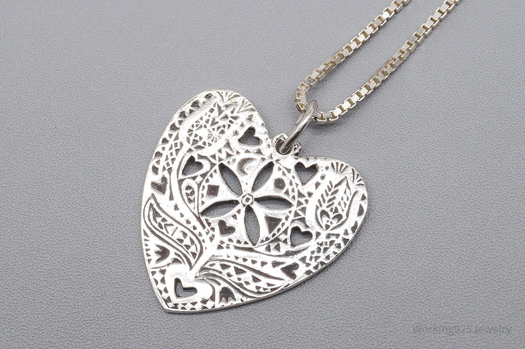 Vintage Ornate Heart Sterling Silver Necklace 24"