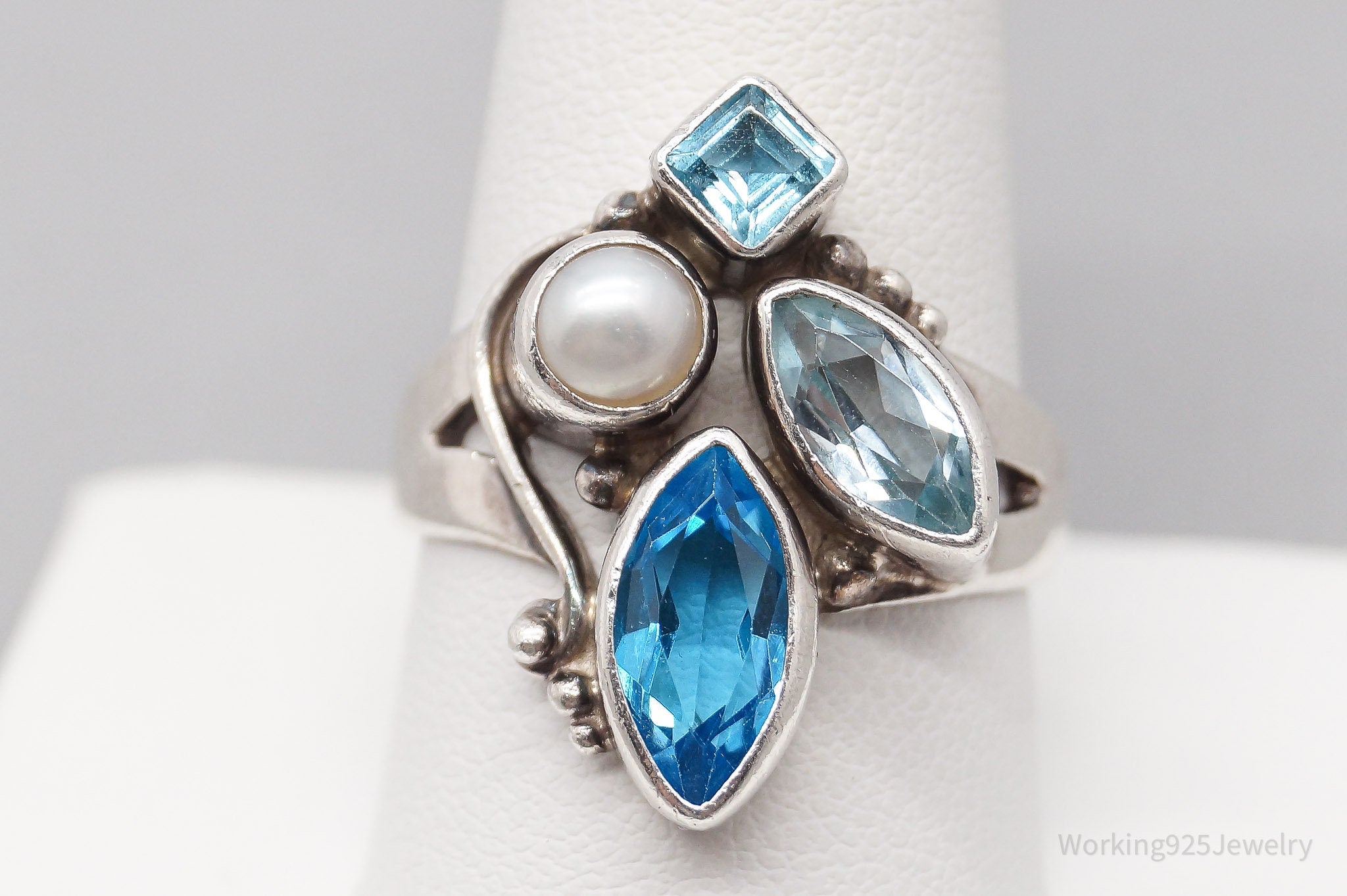 Vintage White Pearl & Blue Topaz Sterling Silver Ring - Size 10