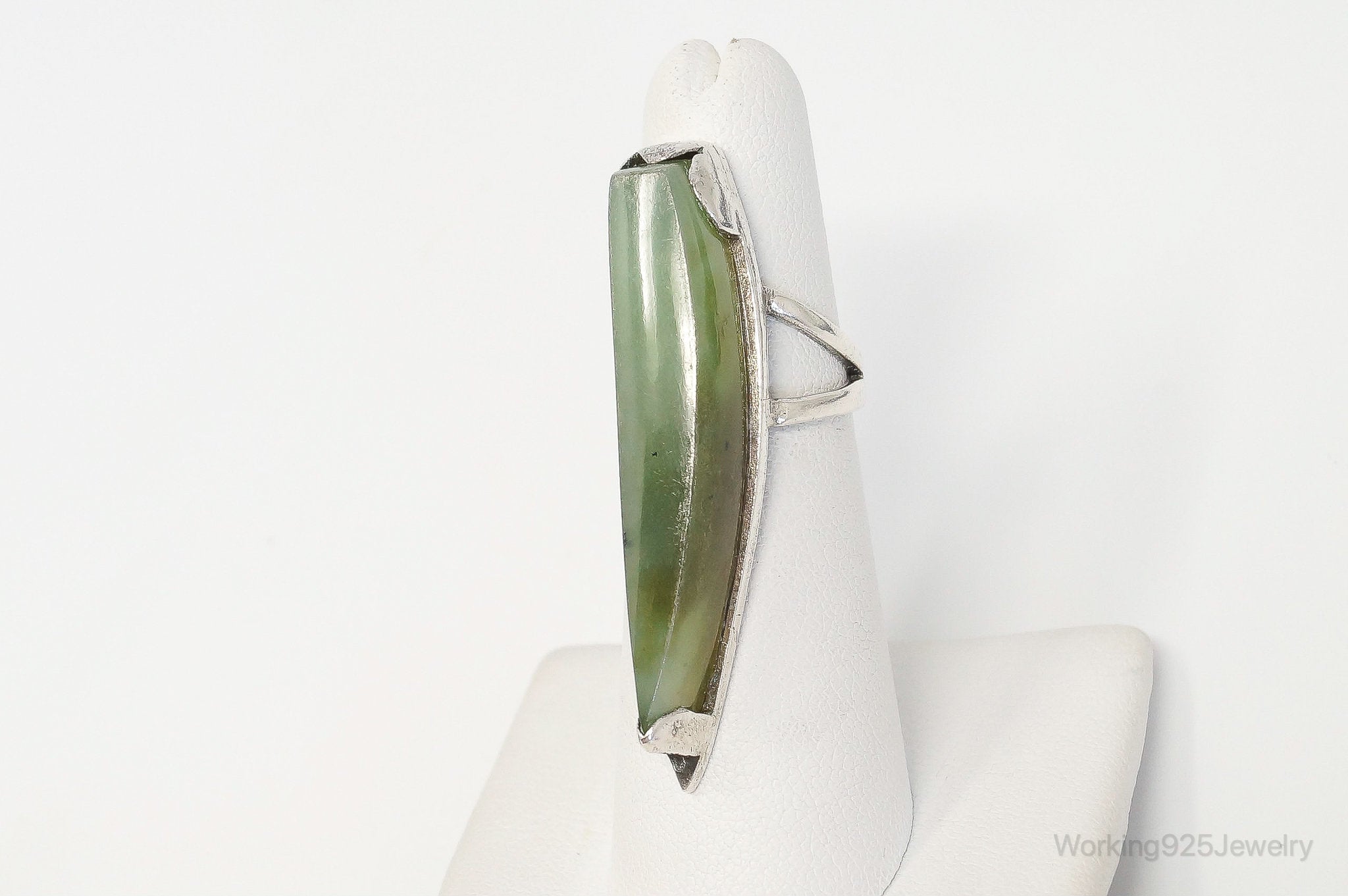 Vintage Long Green Prehnite Sterling Silver Ring - Size 5.25