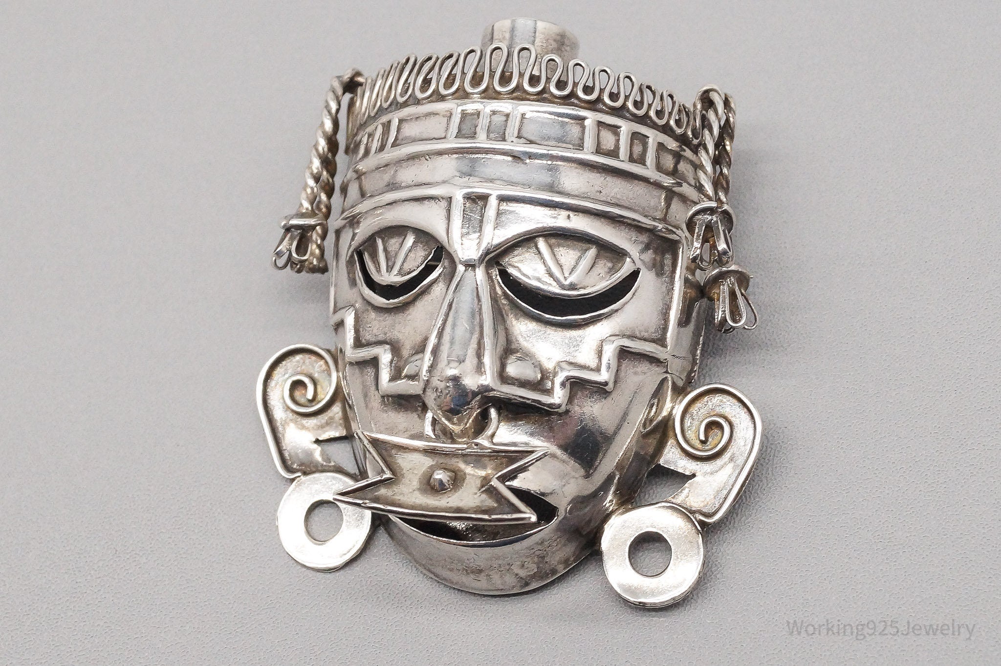 Large Vintage Mexico Aztec Warrior Mask Sterling Silver Brooch Pin Pendant