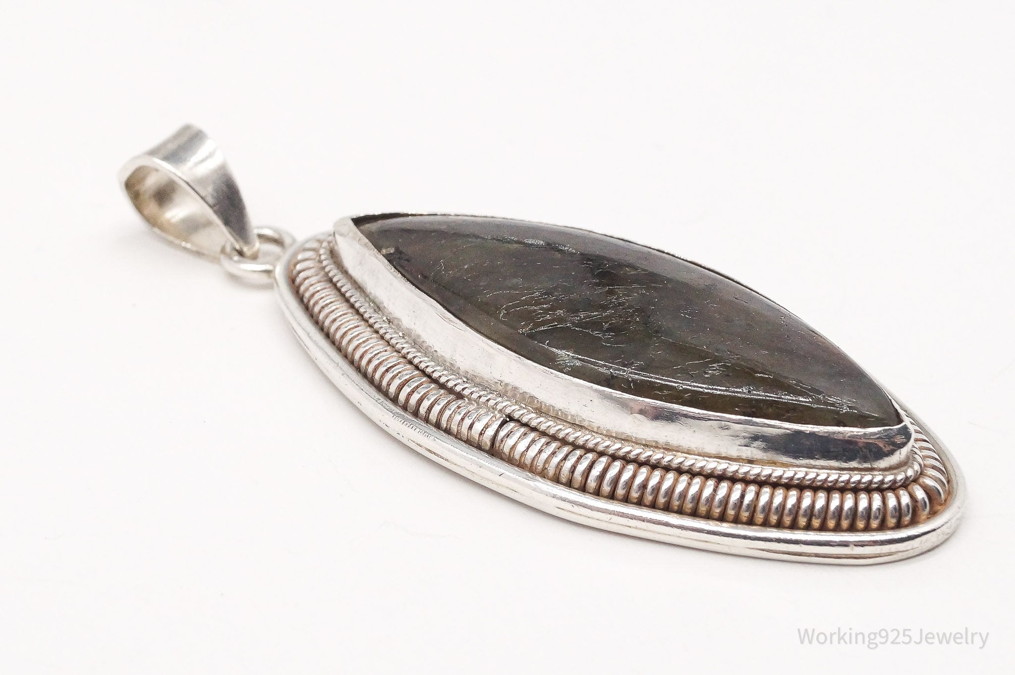 Vintage Long Large Labradorite Sterling Silver Necklace Pendant