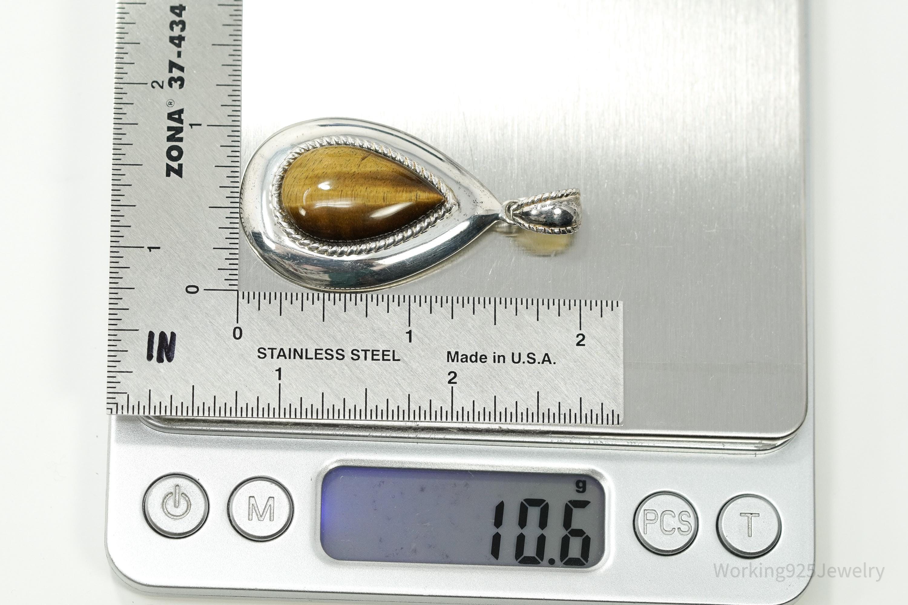 Vintage Large Teardrop Tigers Eye Sterling Silver Necklace Pendant 2"