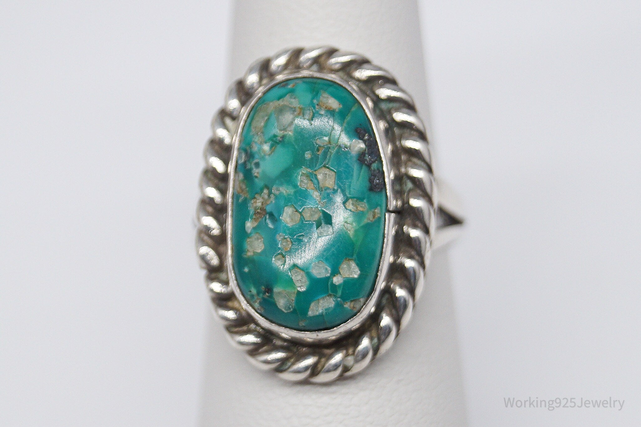 Vintage Native American Turquoise Unsigned Silver Ring - Size 6.25