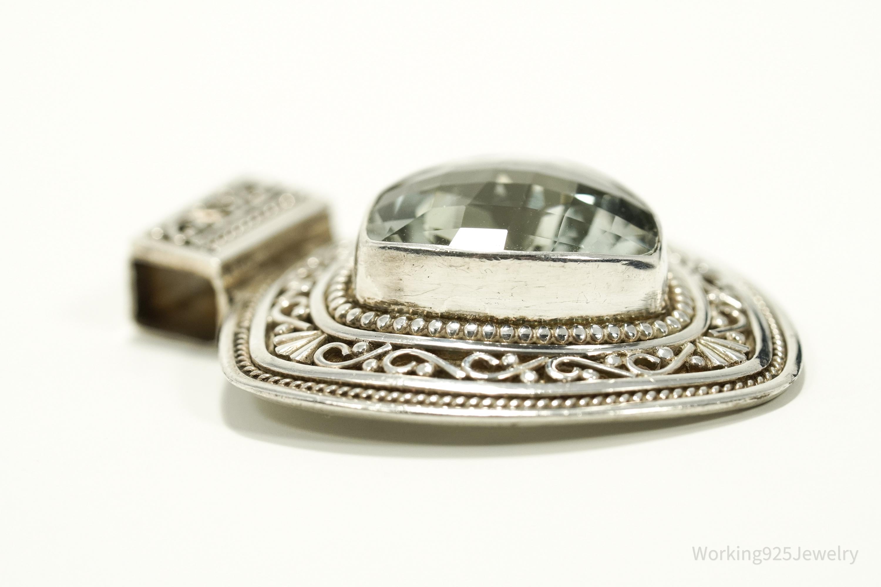 Vintage Nepal Large Prasiolite Sterling Silver Necklace Pendant