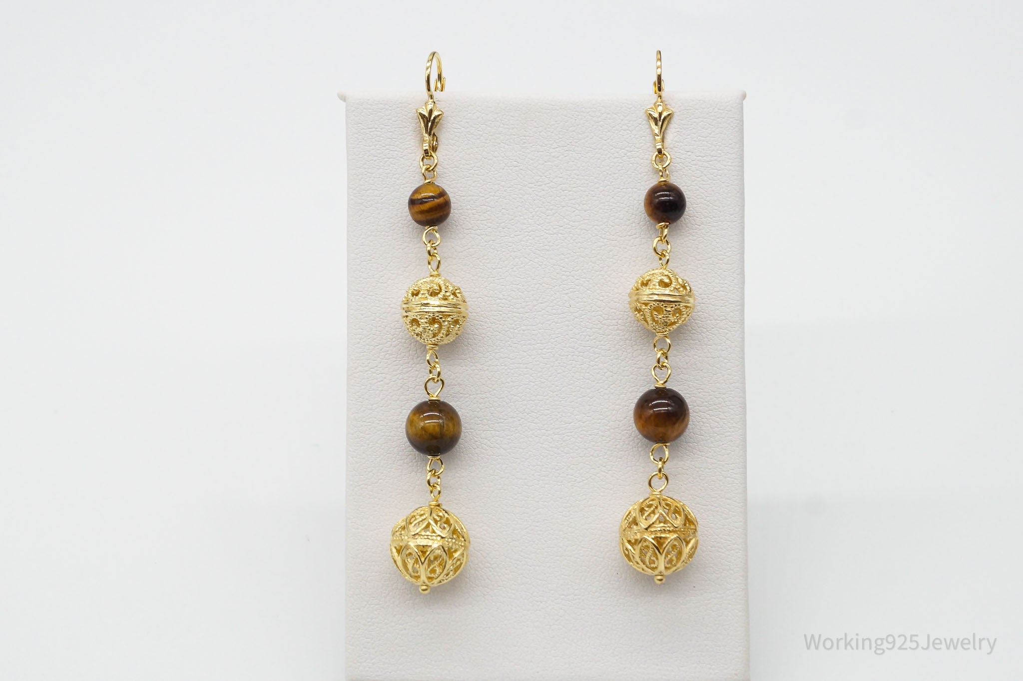 Vintage Tigers Eye Gold Vermeil Sterling Silver Earrings