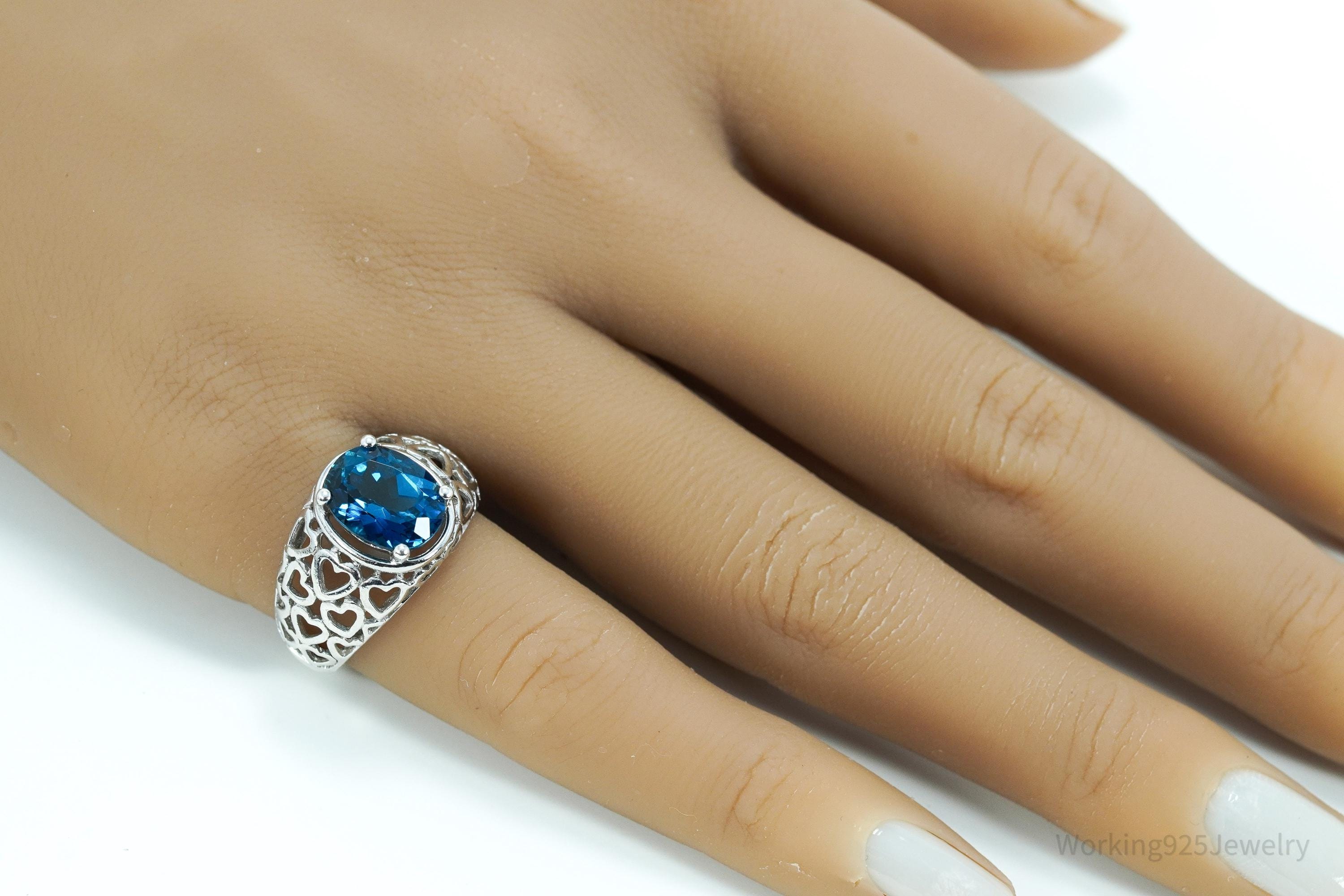 Vintage London Blue Topaz & Hearts Pattern Sterling Silver Ring - Size 6