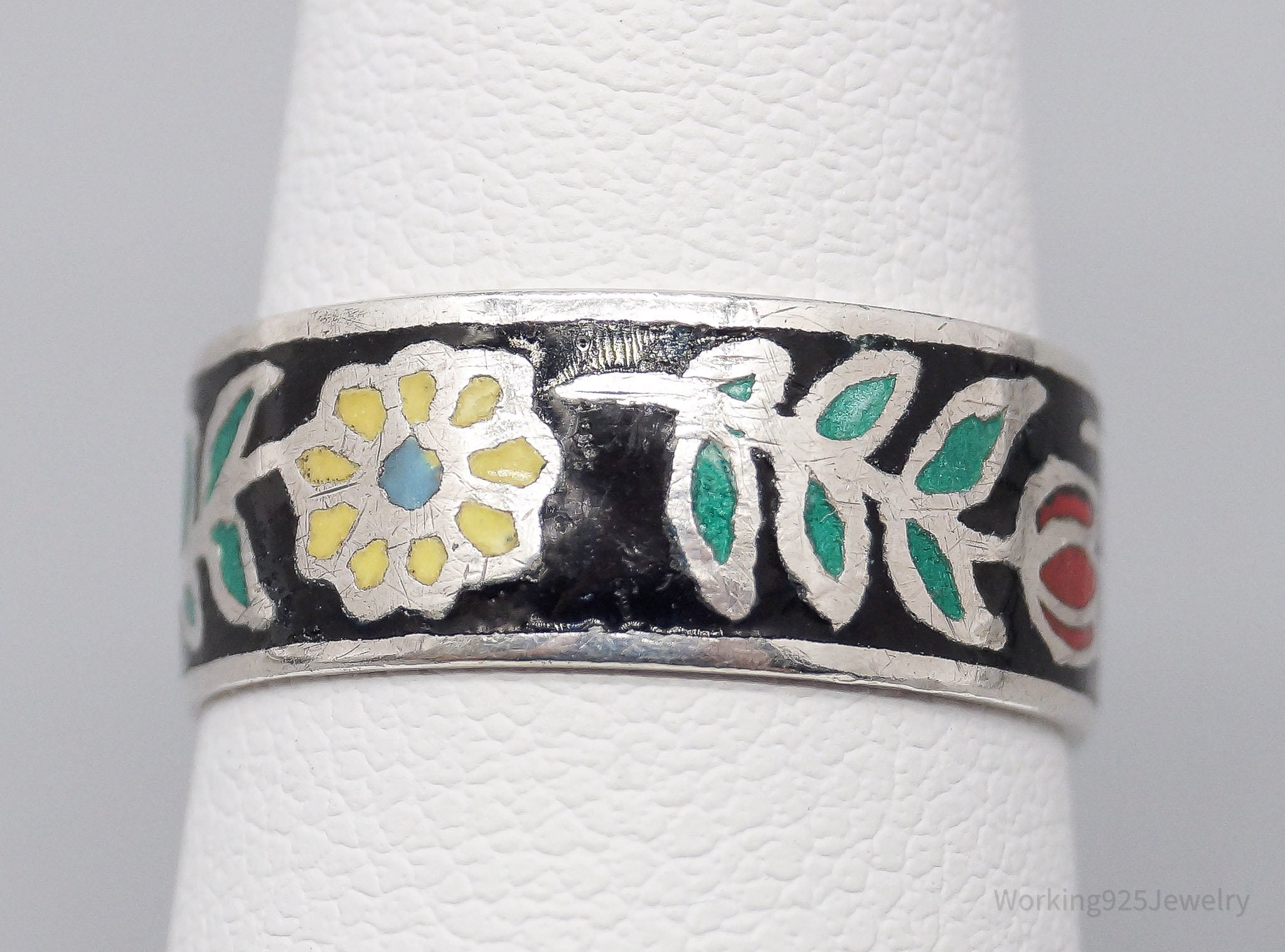 Vintage SIAM Flowers Enamel Sterling Silver Ring - Size 6