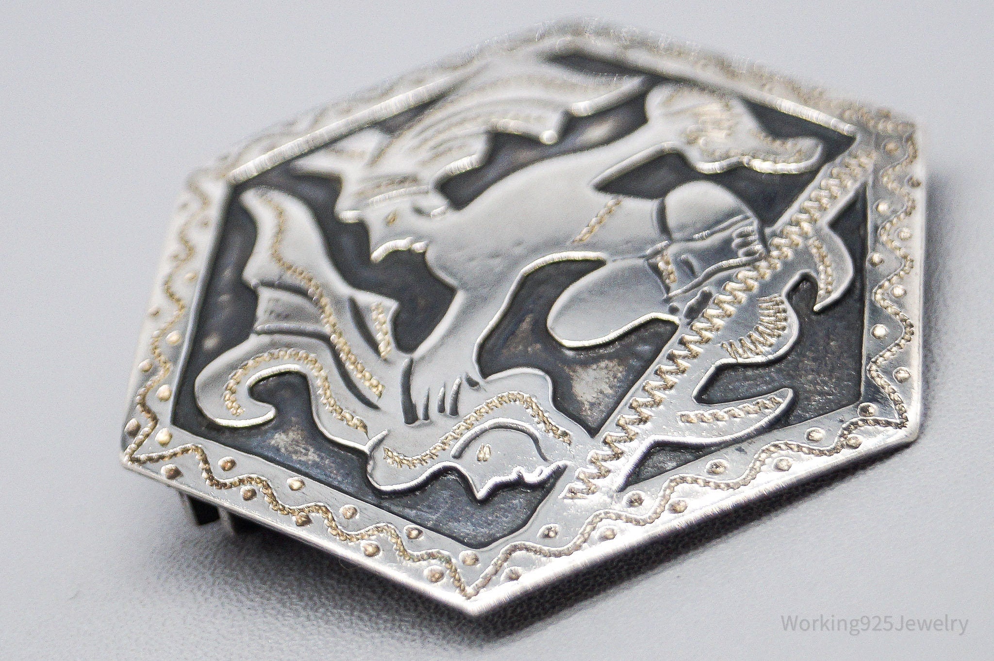 Large Vintage Guatemala Tribe Silver Brooch Pin