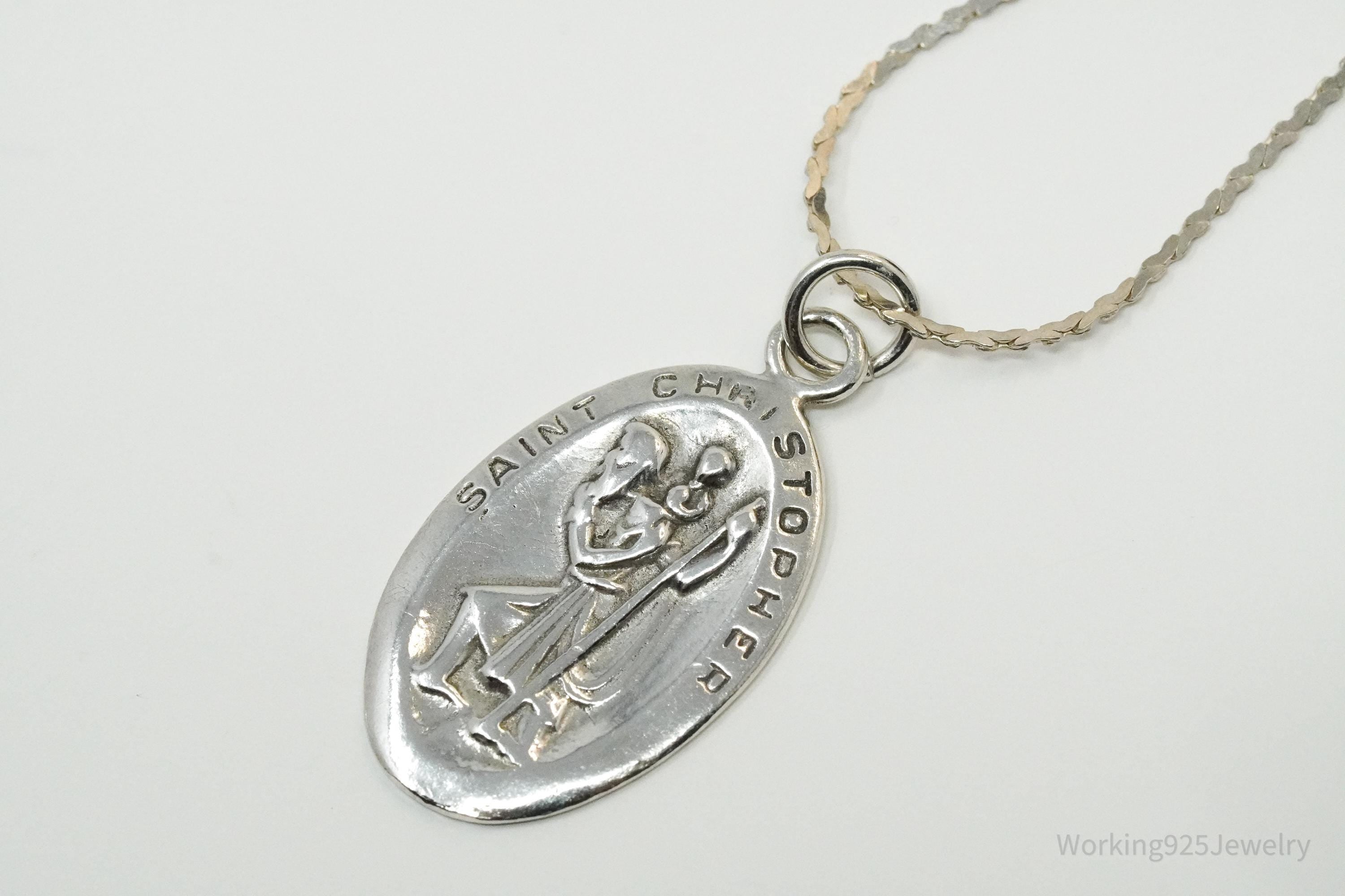 Vintage Saint Christopher Sterling Silver Necklace 20"