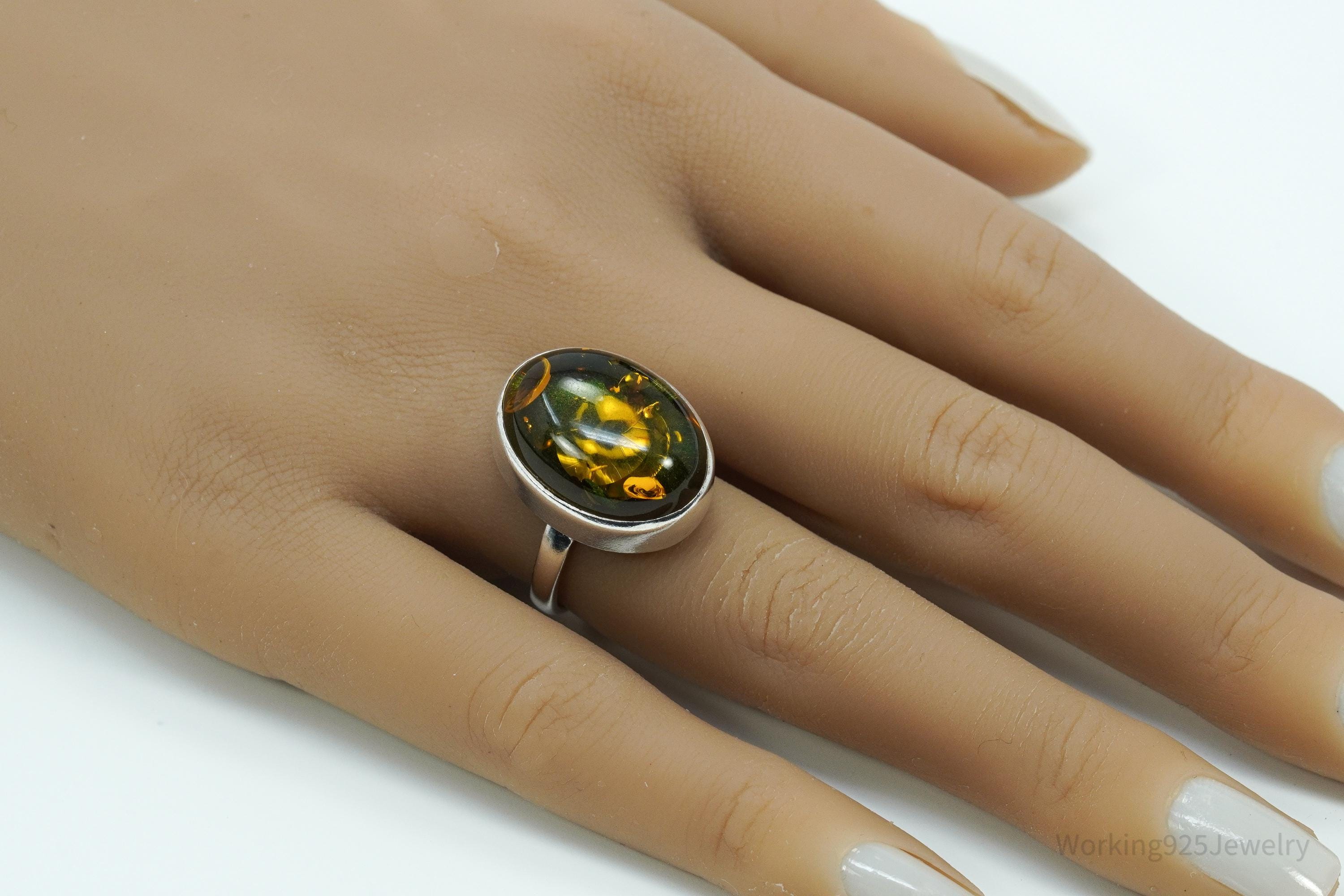 Vintage Polish Large Amber Sterling Silver Ring - Size 7