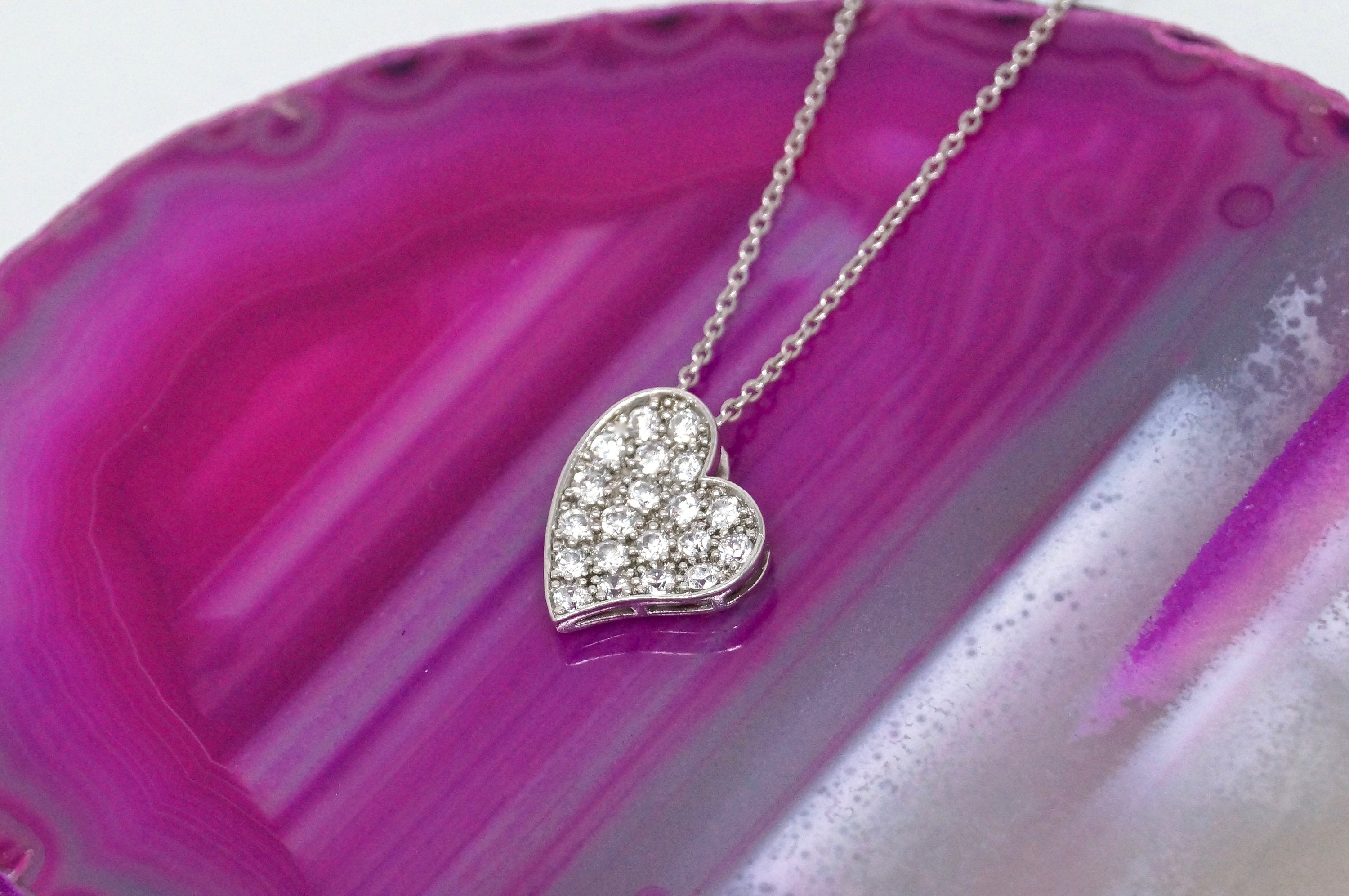 Vintage Simulated Diamond Accented Sweetheart Heart Sterling Silver Necklace 18"