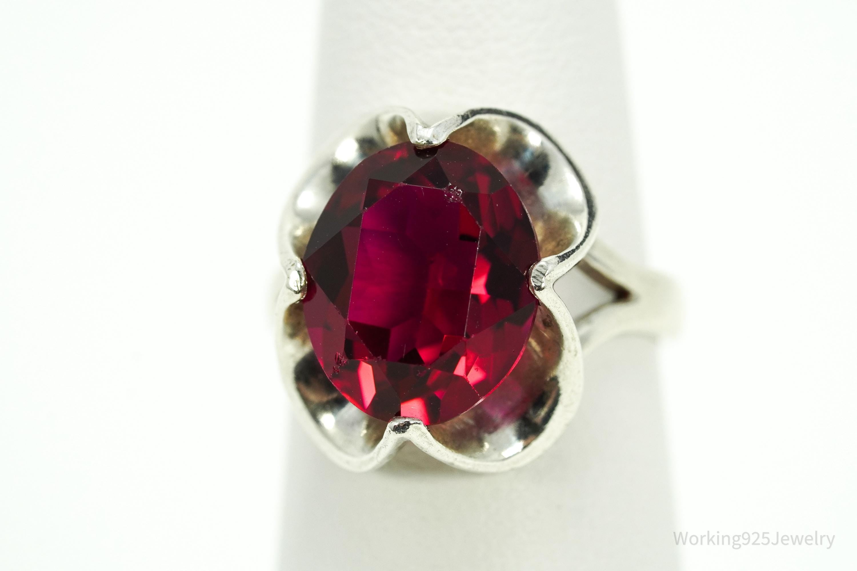 Vintage Mexico Modernist Red Paste Glass Stone Sterling Silver Ring - Size 5