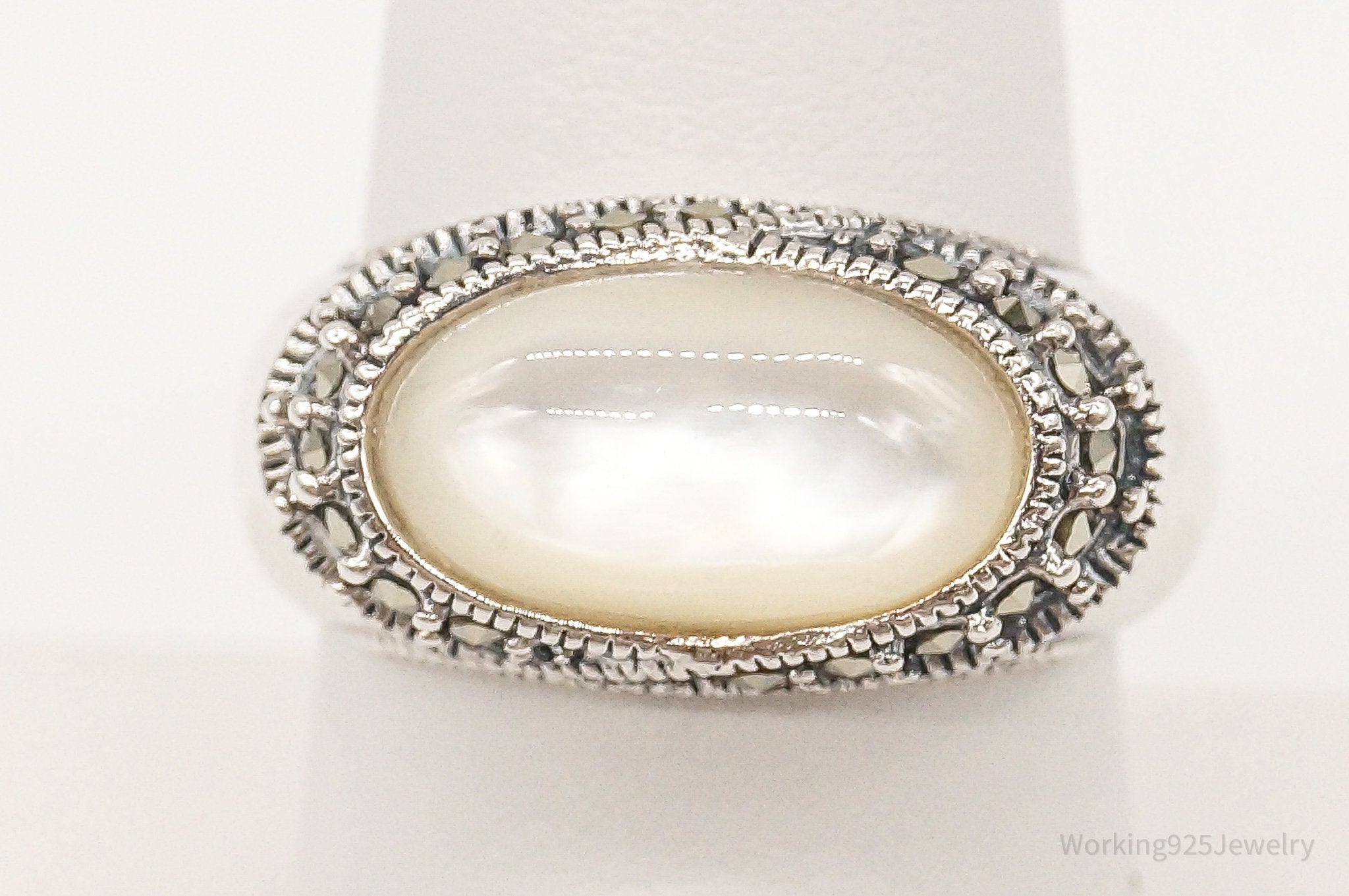 Vintage Mother Of Pearl Marcasite Sterling Silver Ring SZ 7.75