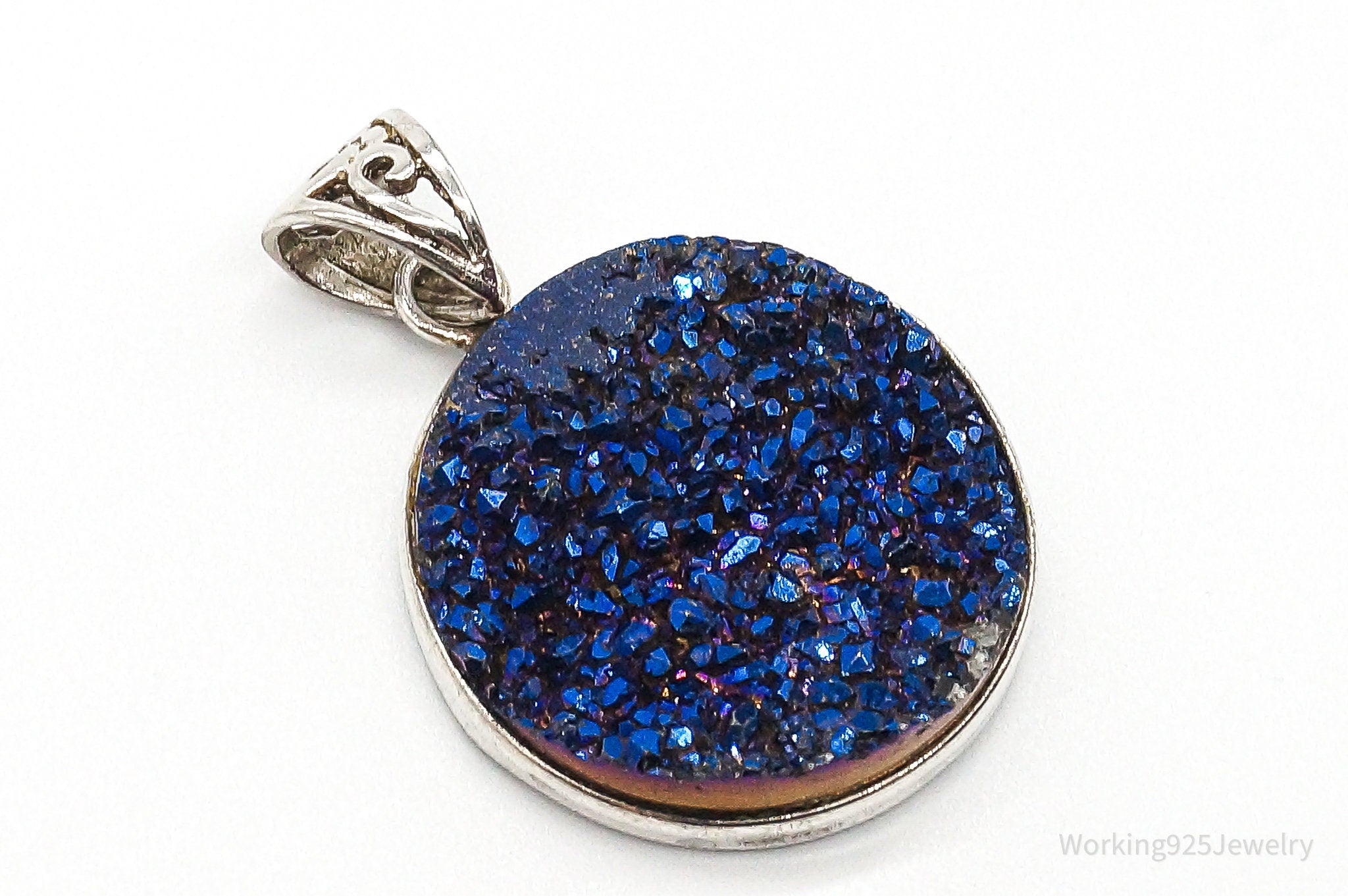 Vintage Large Blue Druzy Quartz Sterling Silver Pendant