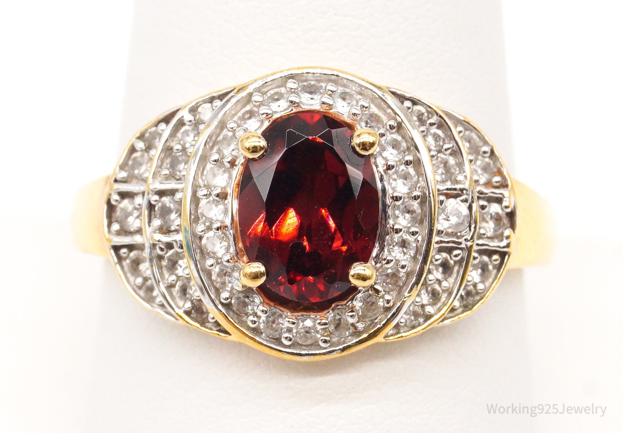 Vtg Designer Garnet CZ Gold Vermeil Sterl Sil Ring - Sz9.25