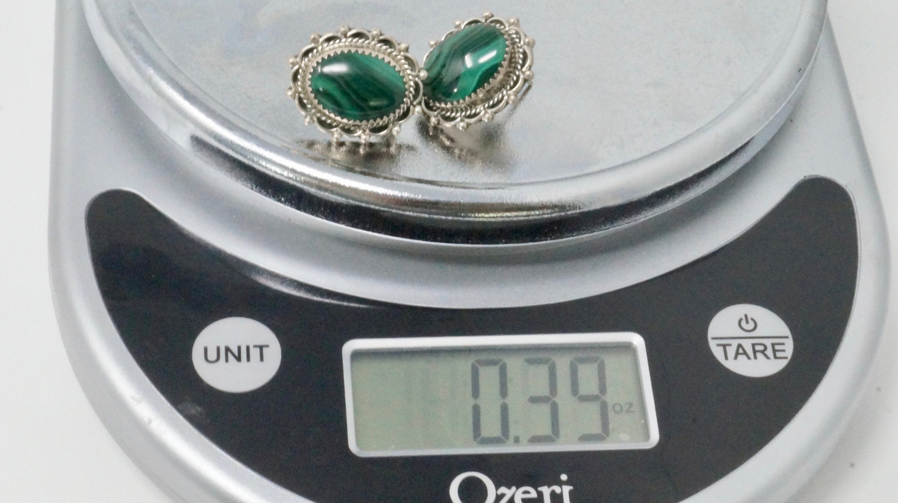 Vintage Native American Signed QQ Malachite Rope Post Sterling Silver Earrings