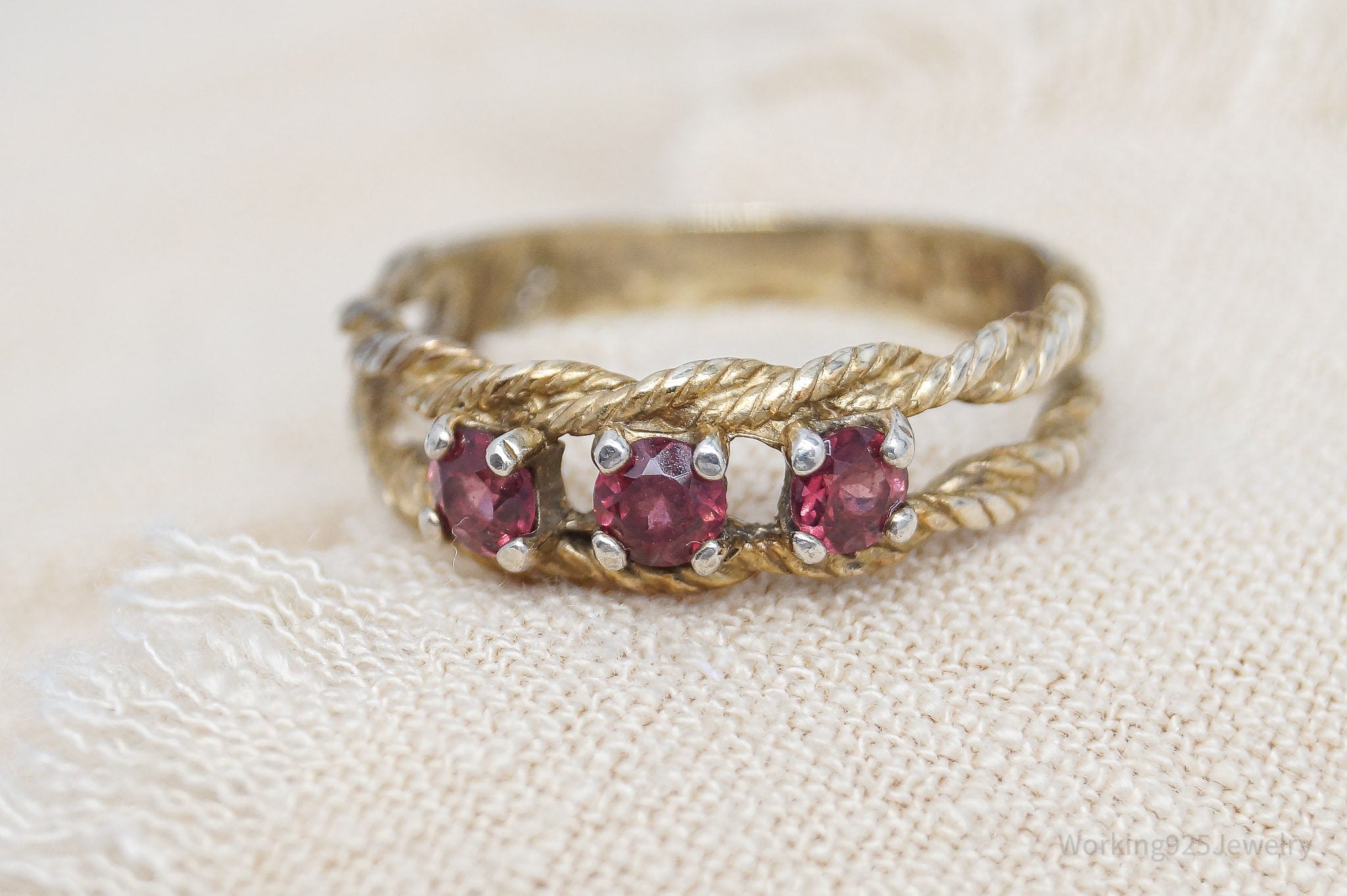 Vintage Deep Pink Tourmaline Gold Washed Sterling Silver Ring - Size 8.25