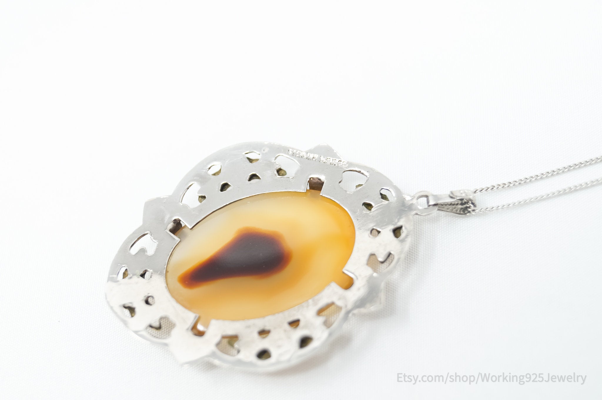 Vtg LSP Co Orange Lace Agate Black Hills 12k Gold Sterling Silver Pendant