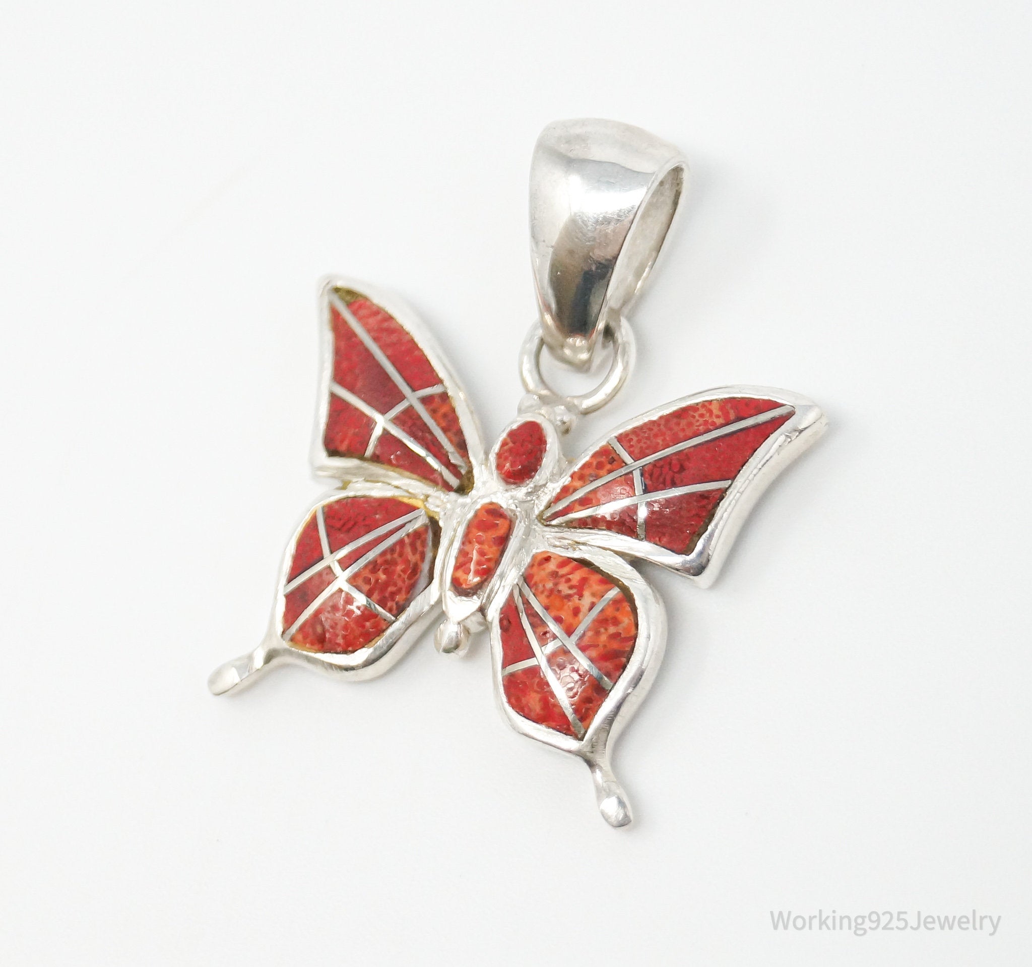 Vintage Native American Unsigned Handmade Coral Butterly Sterling Silver Pendant