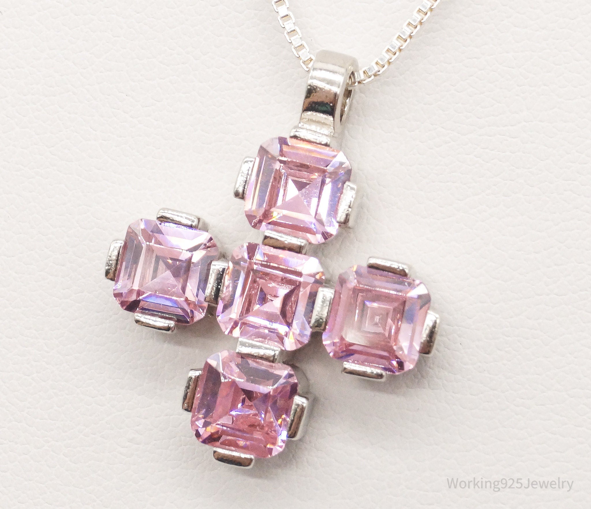 Vintage Pink Cubic Zirconia Cross Sterling Silver Adjustable Chain Necklace