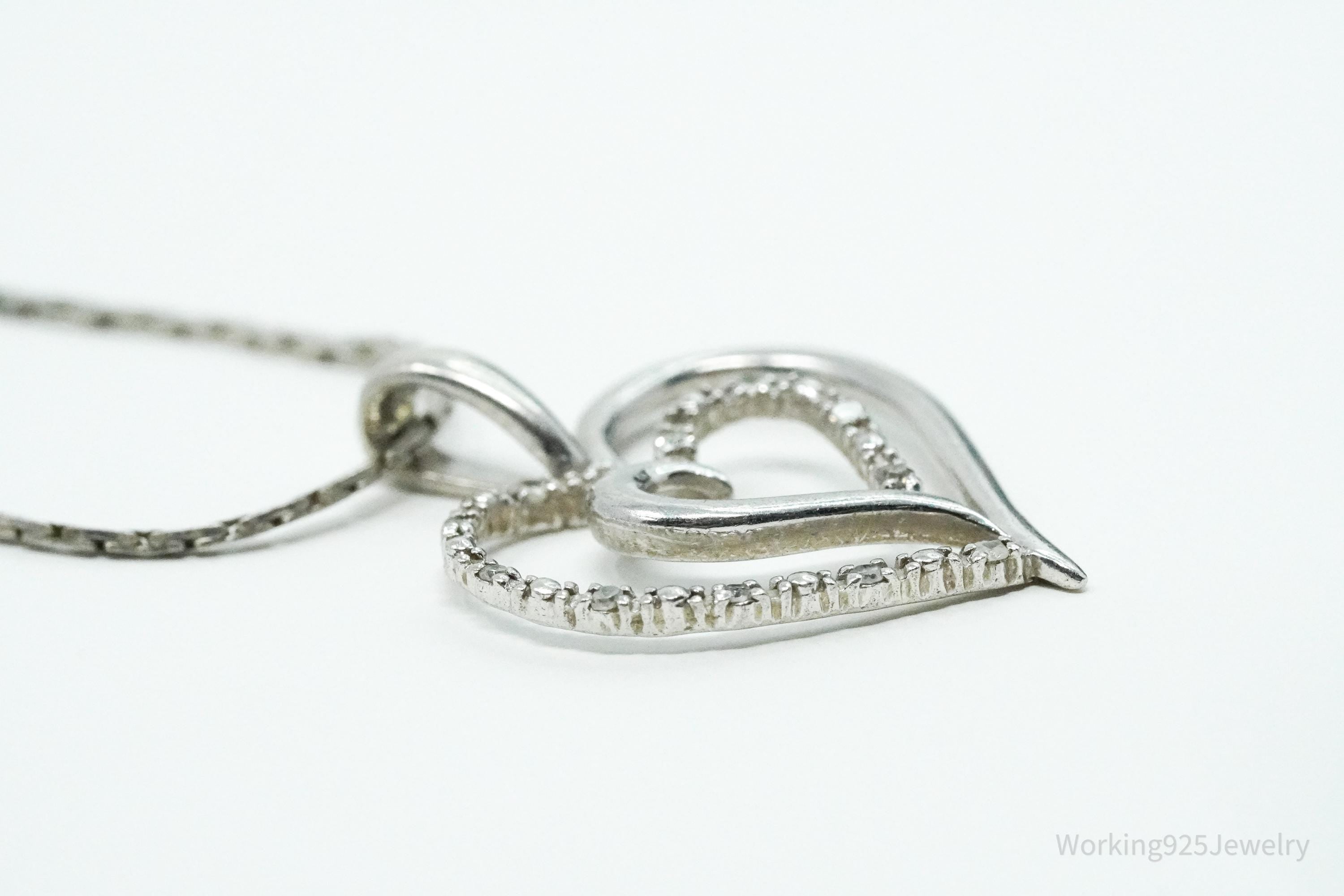 Vintage Diamond Heart Sterling Silver Necklace - 16"