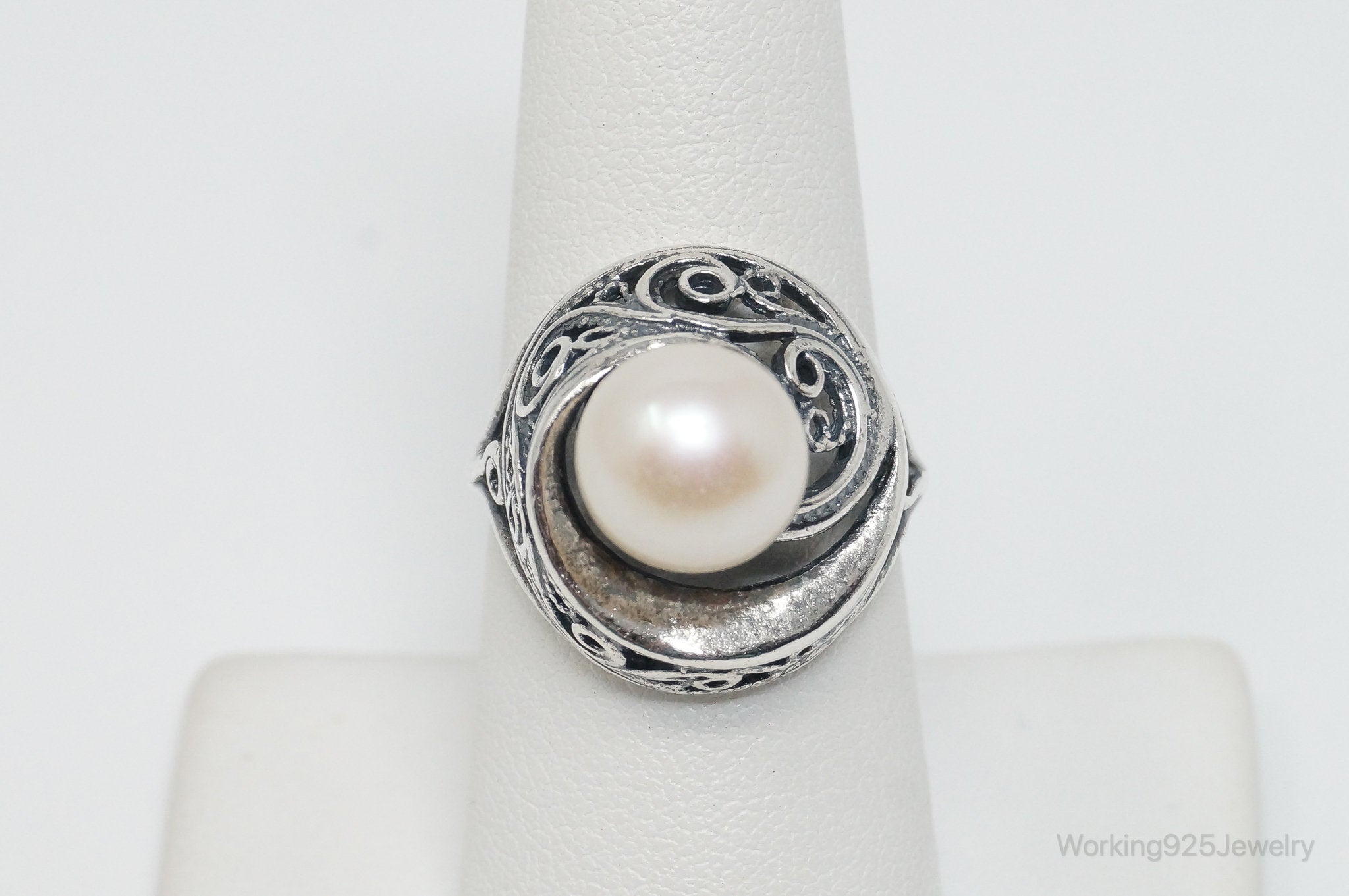 Vintage Pearl Scroll Sterling Silver Ring - Size 8